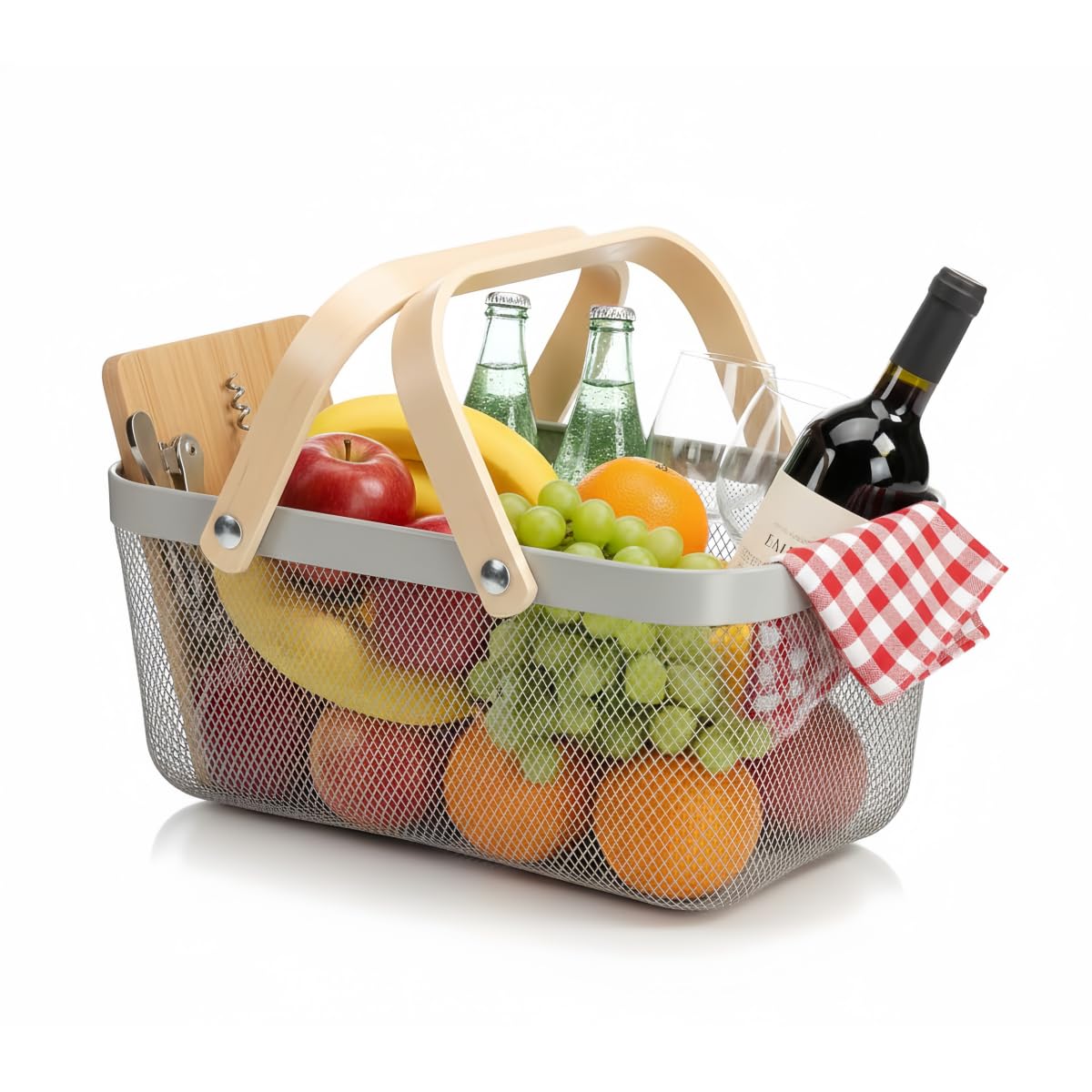 Ymeibe Wire Mesh Storage Organizer Basket Portable Garden Harvest Basket Fruit Basket Bin with Wood Handle Ideal for Kitchen Picnic Pantry Cabinets