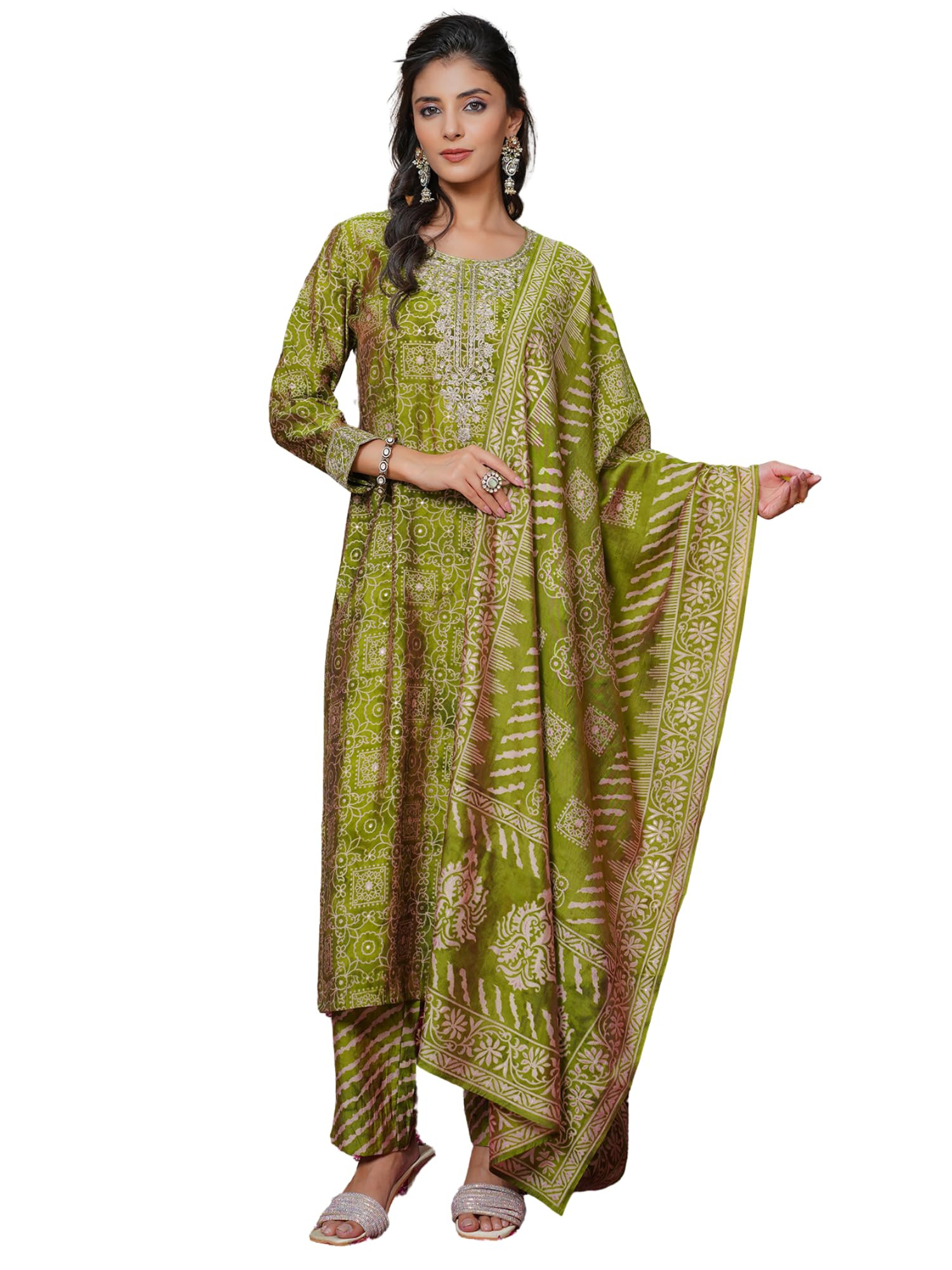 Women's Green Silk Blend Embroidered Straight Ethnic Motifs Kurta Trousers With Dupatta Sets | Daily Straight Kurta Set For Women | Embroidered Salwar Suit For Womens-image-46