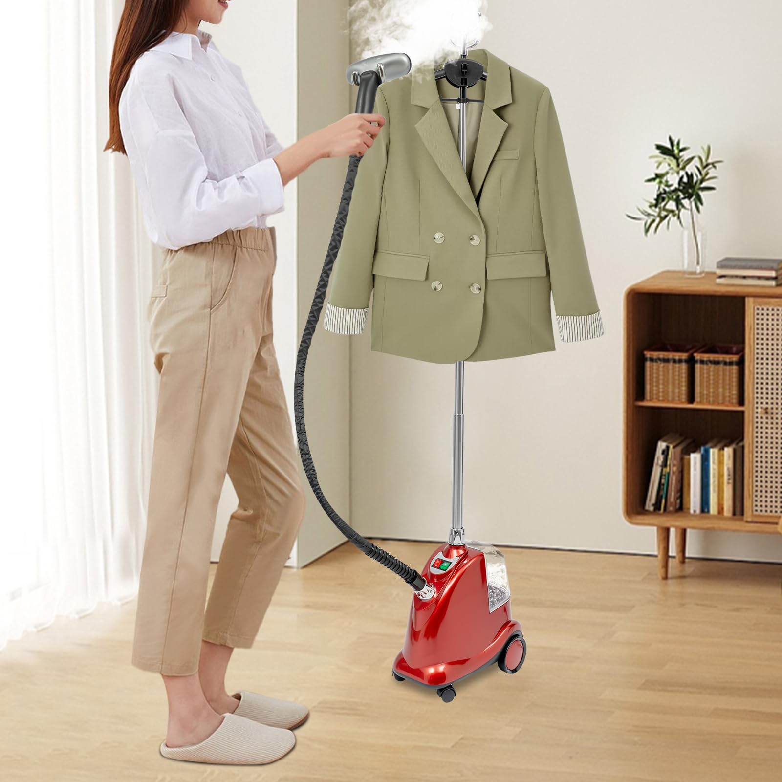 Dampfglätter, 2200W Garment Steamer - Profi Steamer für Textilarten, Vertikaler Dampfbügler mit 3L Wassertank, Antibakterielle Dampfbürste, Drei Stufen Einstellbar (Schwarz+Rot)