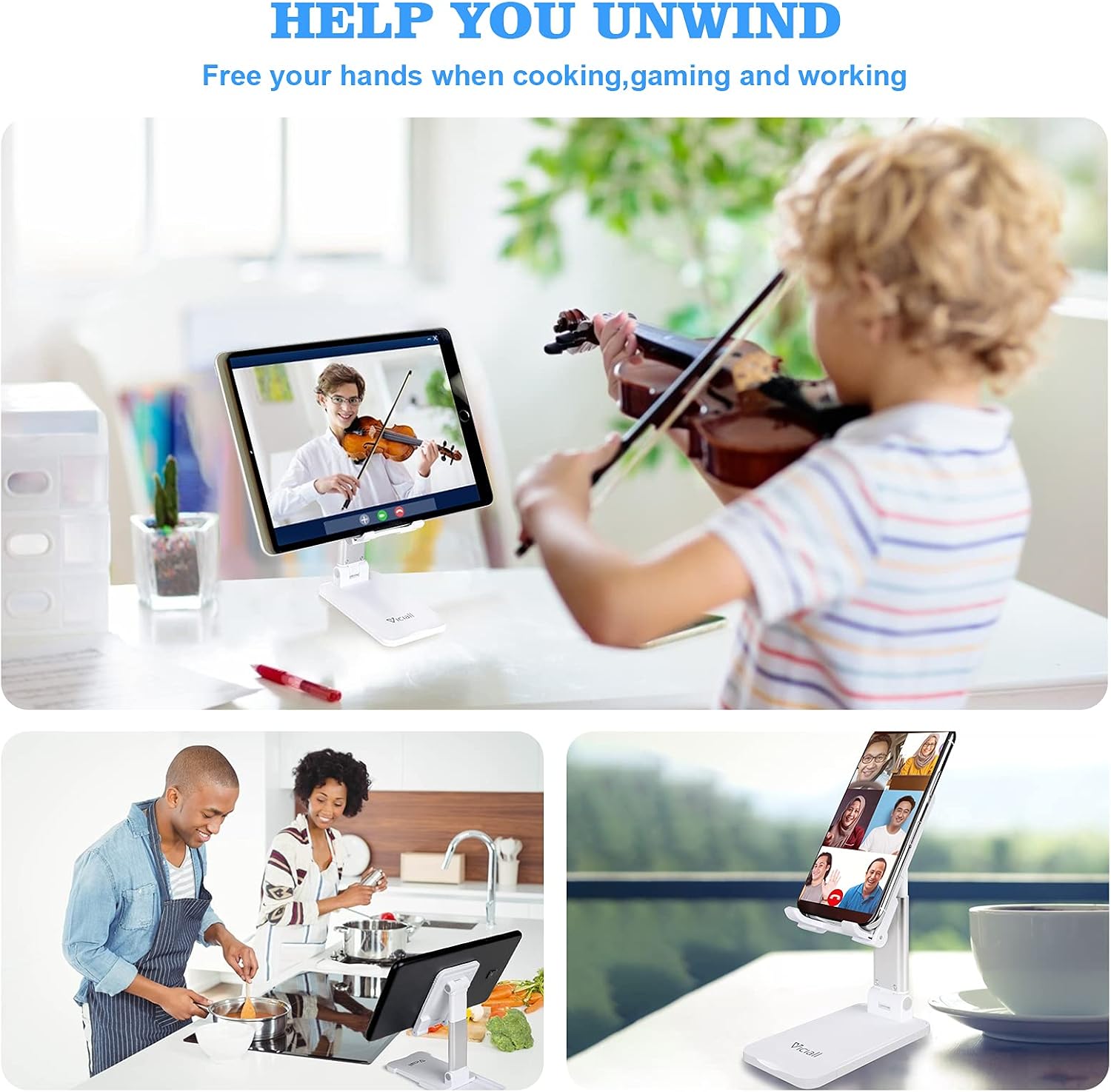 VICIALL Cell Phone Stand, Angle Height Adjustable Cell Phone Stand - for Desk, Sturdy Foldable Cell Phone Holder, Compatible with iPad Mini, Tablet and All Smartphones