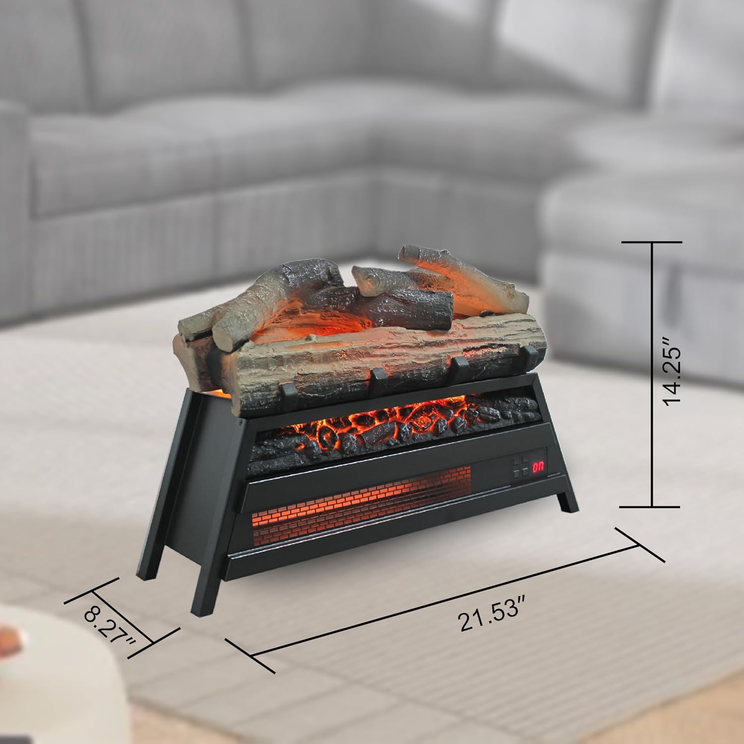 Diagram showing the dimensions of the electric fireplace log set: 8.27 inches deep, 21.53 inches wide, and 14.25 inches high.