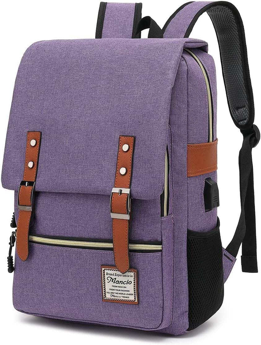 Mancio Vintage Slim Laptop Backpack for Women Men,Tear Resistant Business College Bag with USB Charging Port,Purple.