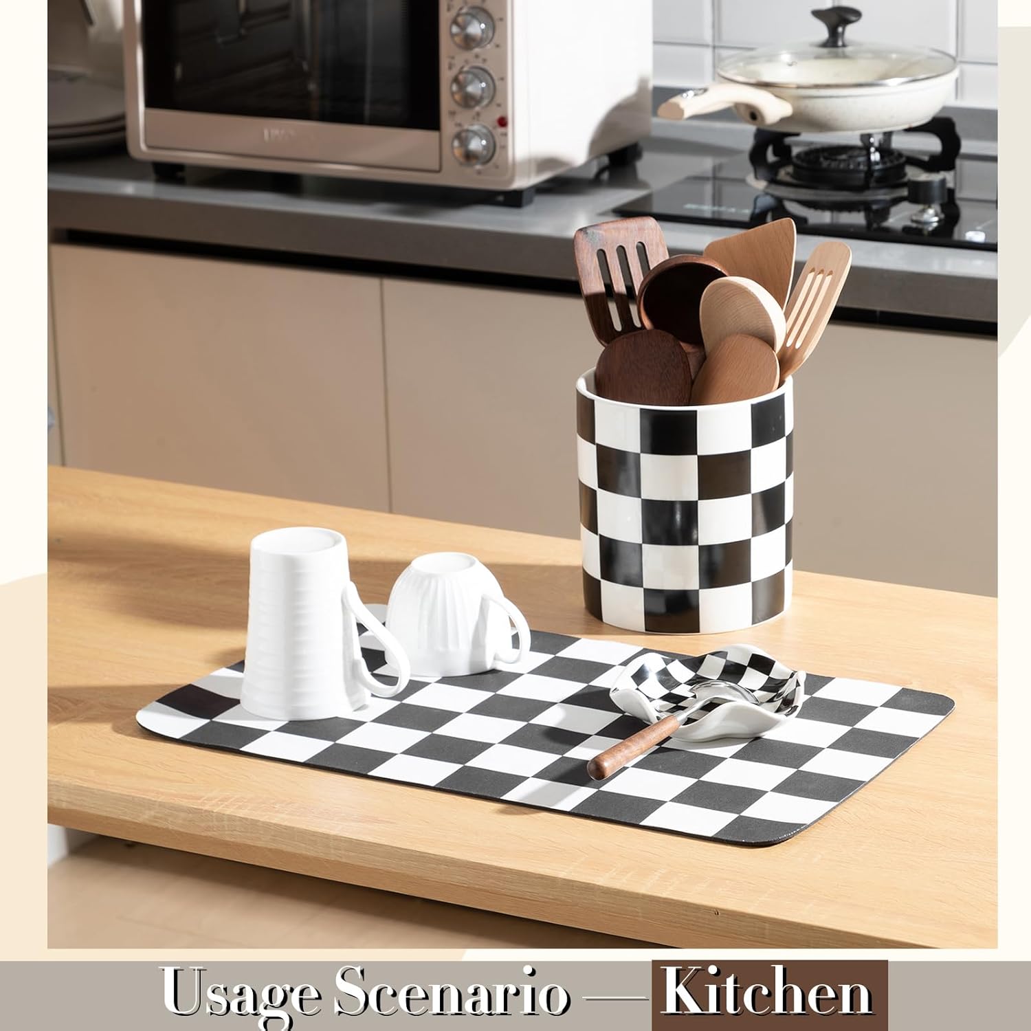 Mimorou 3 Pcs Checkered Kitchen Holder Housewarming Gift Set 6.3in Checkered Utensil Holder, 5.3in Ceramic Spoon Rest, 12" x 19" Dish Drying Mat for Kitchen Black White Decoration