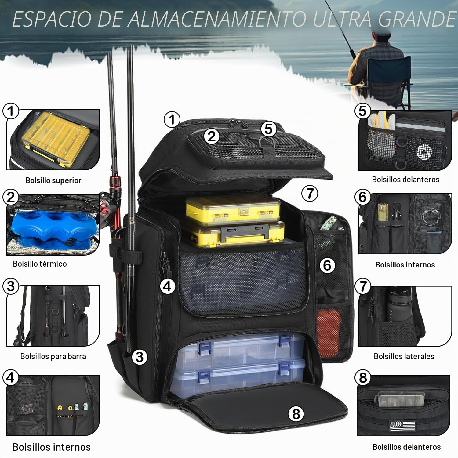 Mochila de Pesca impermeable 45L con Soporte para Cañas