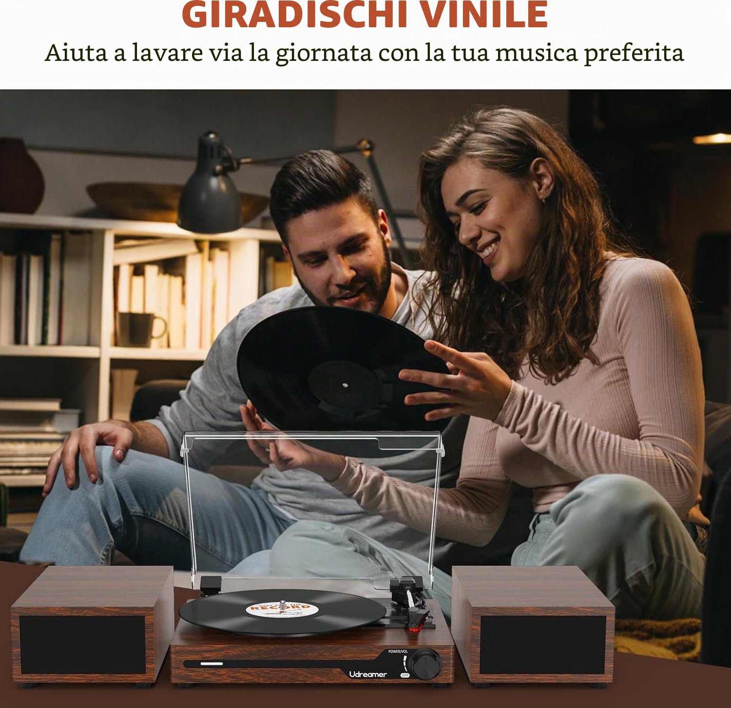 Udreamer Giradischi con 2 altoparlanti stereo doppio, giradischi vintage Bluetooth 5.3 supporta 3 velocità, AUX-In, RCA Line, USB, riproduzione wireless, noce
