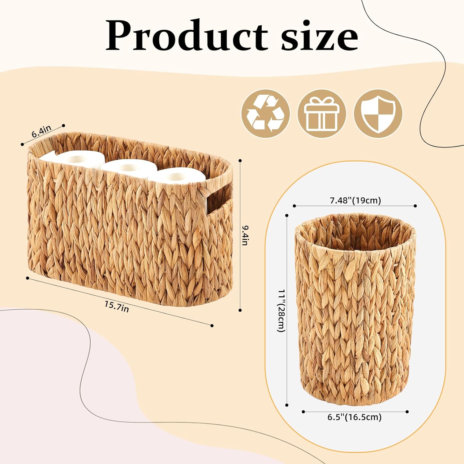 Maxdot Wicker Toilet Paper Storage Basket for 6 Rolls and 2 Gallon Wicker Trash Can Toilet Storage Holder with Handles Paper Water Hyacinth Boho Basket Set for Bathroom Home Compact Spaces