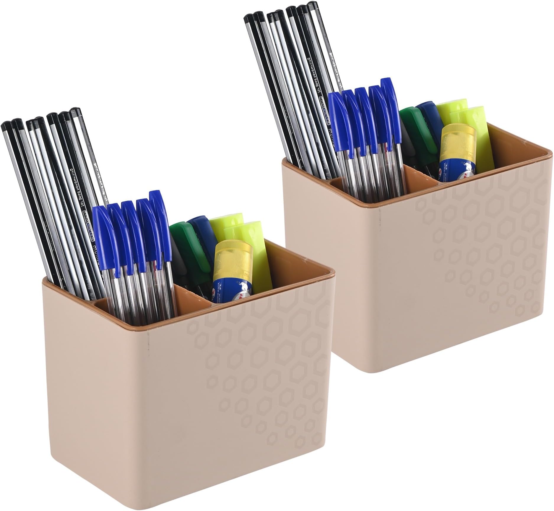 Pack of 2 Pen Holder For Study Table | 3-Compartment Marker/Pencil Stand & Desk Organizer for Student | Office Table Accessory for Stationary Item | Sandy Brown