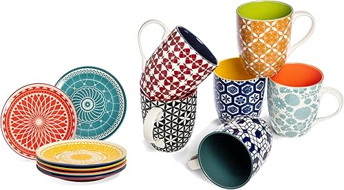 Annovero Tazas de café y platos de postre | Platos de cocina | Apto para horno microondas | Vajilla de porcelana colorida