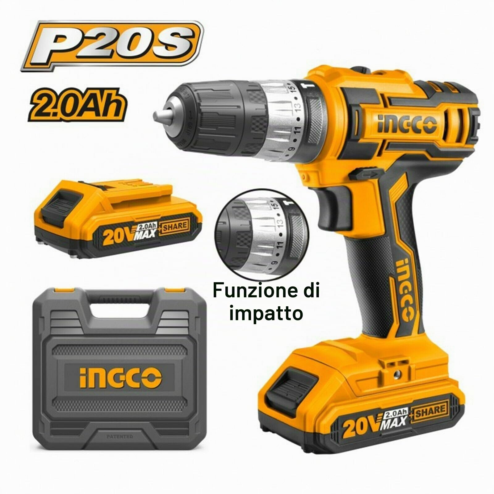 Ingco Cidli200215 Trapano A Percussione A Batteria 20 V Avvitatore Senza Fili Cordless Con 2 Batterie In Valigetta