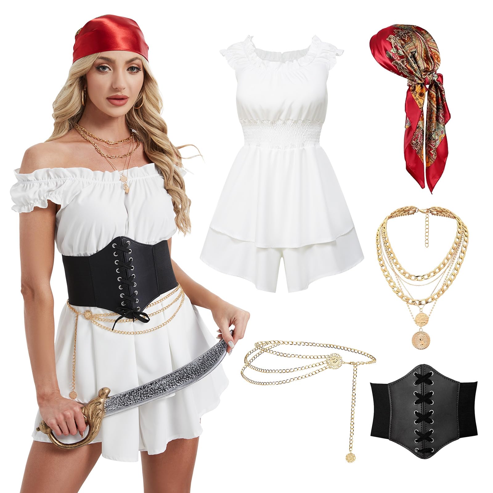 QEKFDOV Pirate Costume Adult Women,Medieval Pirate Costume Set with Dress Headscarf necklace waist chain Corset Belt,for Renaissance Halloween Carnival Party (White, 2XL)