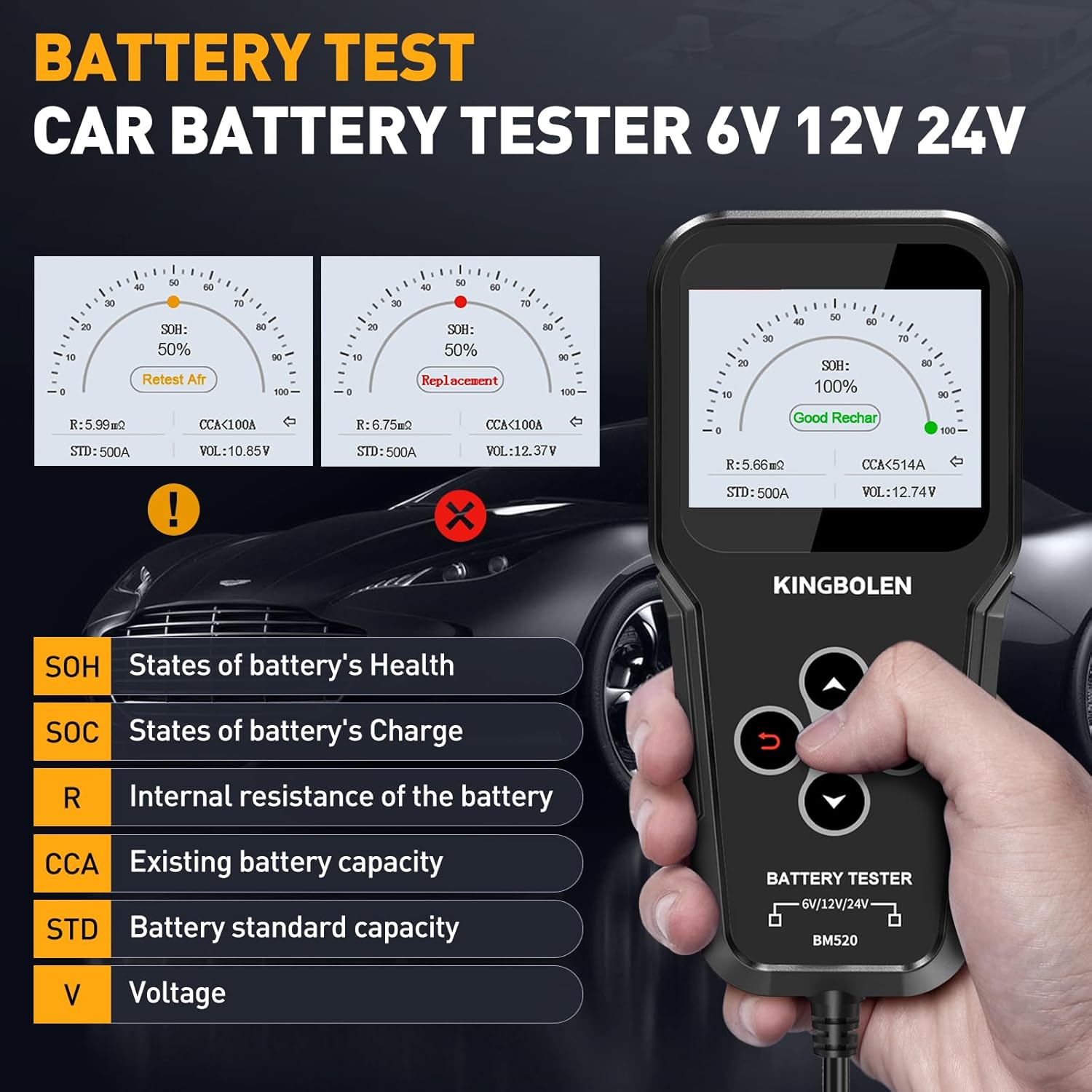 KINGBOLEN BM520 Battery Test results with SOH, SOC, R, CCA, STD, V explanations