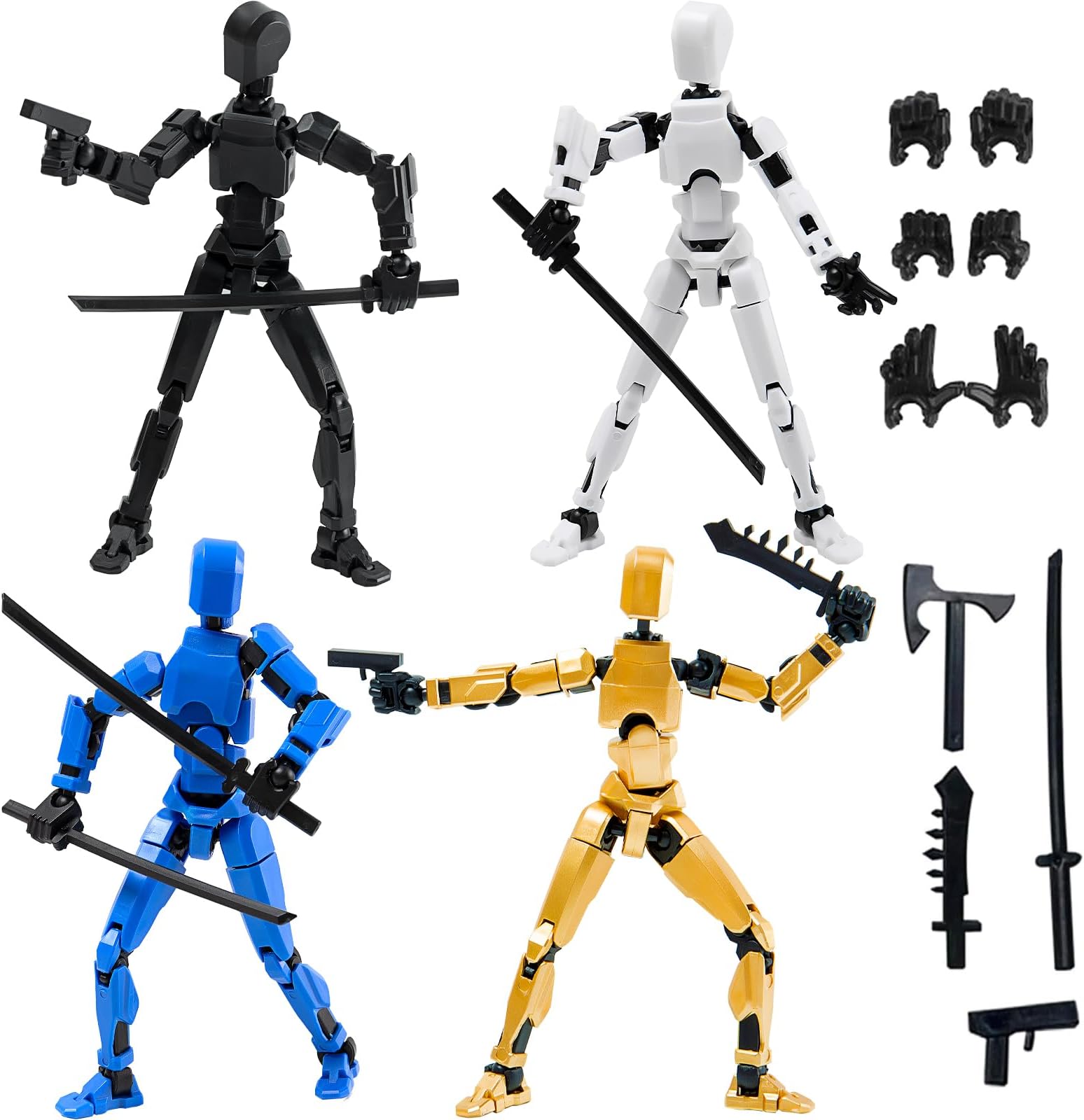 4PCS Assembled Titan T-13 Action Figures Set - Robot Action Figure Fidget Toys for Boys Lucky Dummy Nova N13 Anime Figures with Multi Movable Joints Toys for Kids (Golden+White+Blue+Black)