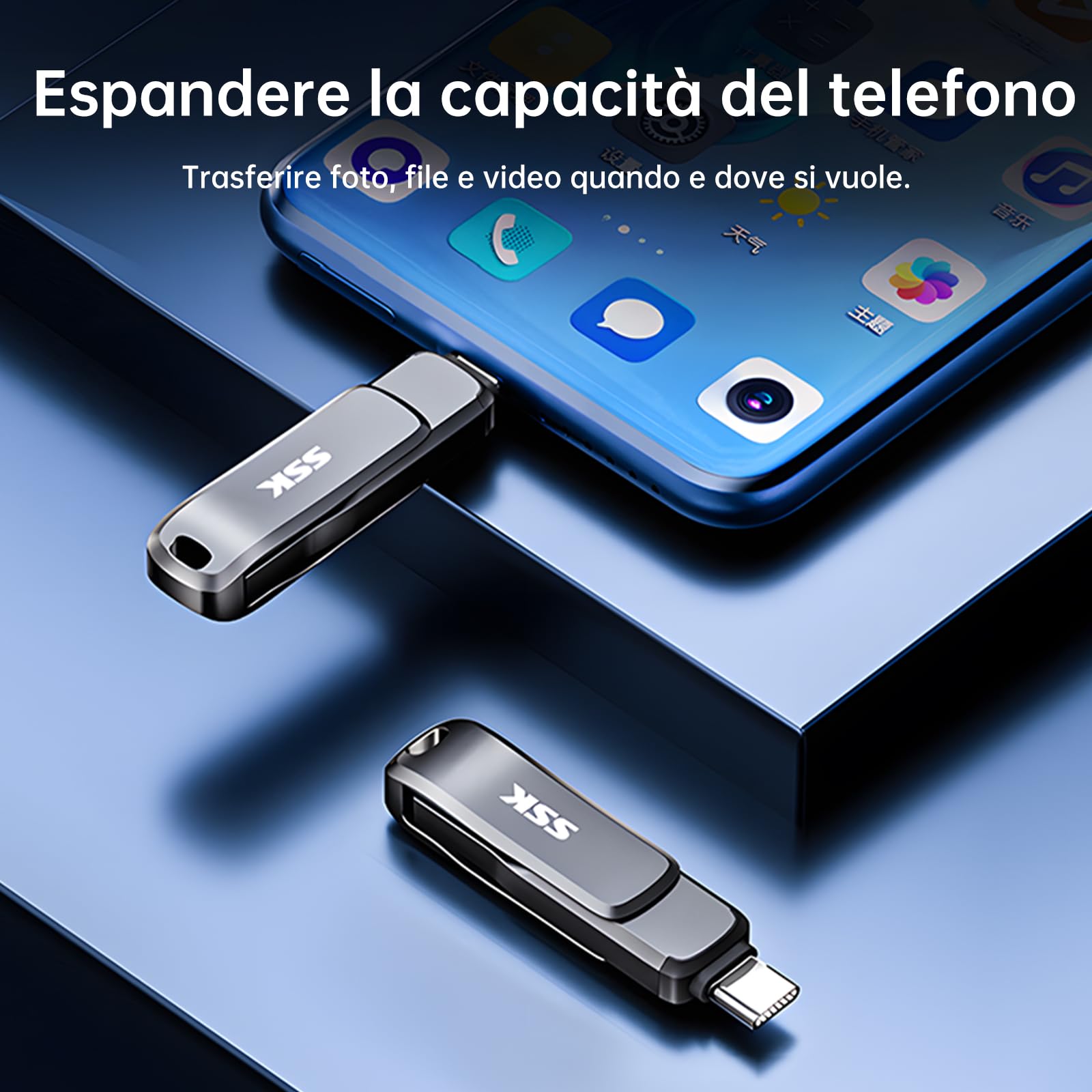 SSK Chiavetta USB 3.2 256GB,fino a 200MB/S velocità di lettura Penna USB,doppia unità Chiavetta usb type c e USB A, robusta Pen Drive in metallo nero per smartphone,tablet,iphone 15,computer,auto e TV