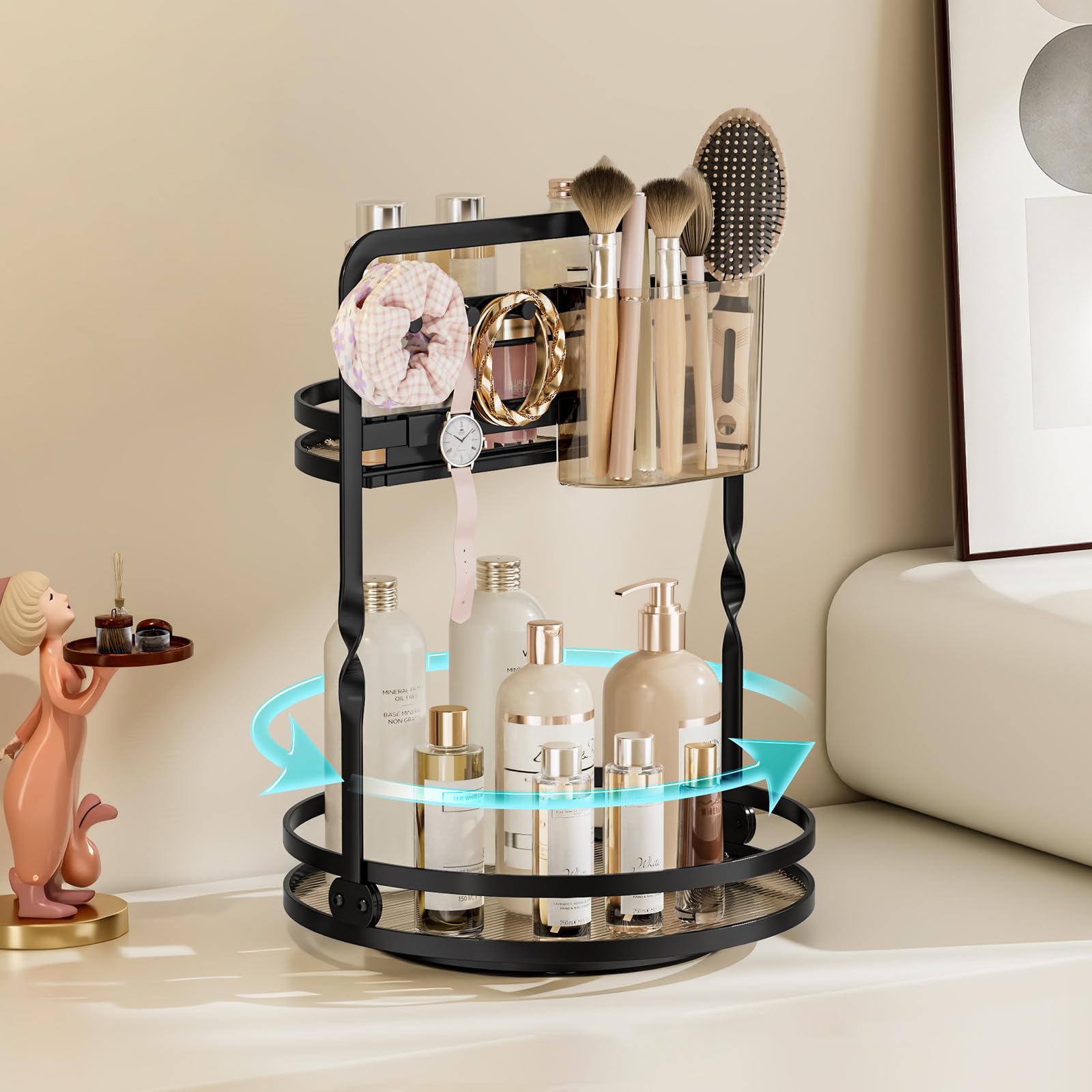 Rangement cosmétique rotatif à double couche et crochets à bijoux pour pinceaux de maquillage, produits de soins de la peau, accessoires de maquillage