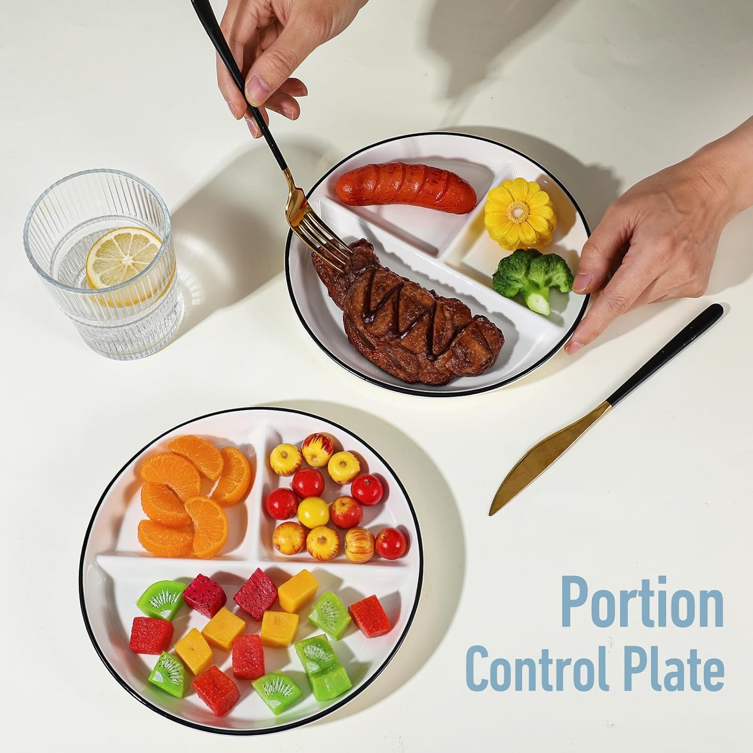 Ceramic Divided Plates Set of 2Pcs, 8 Inch Portion Control Plate, Reusable Bariatric Plate for Adults, 3 Compartment Plates, White Dinner Plates for Balanced Meal, Microwave, Dishwasher Safe