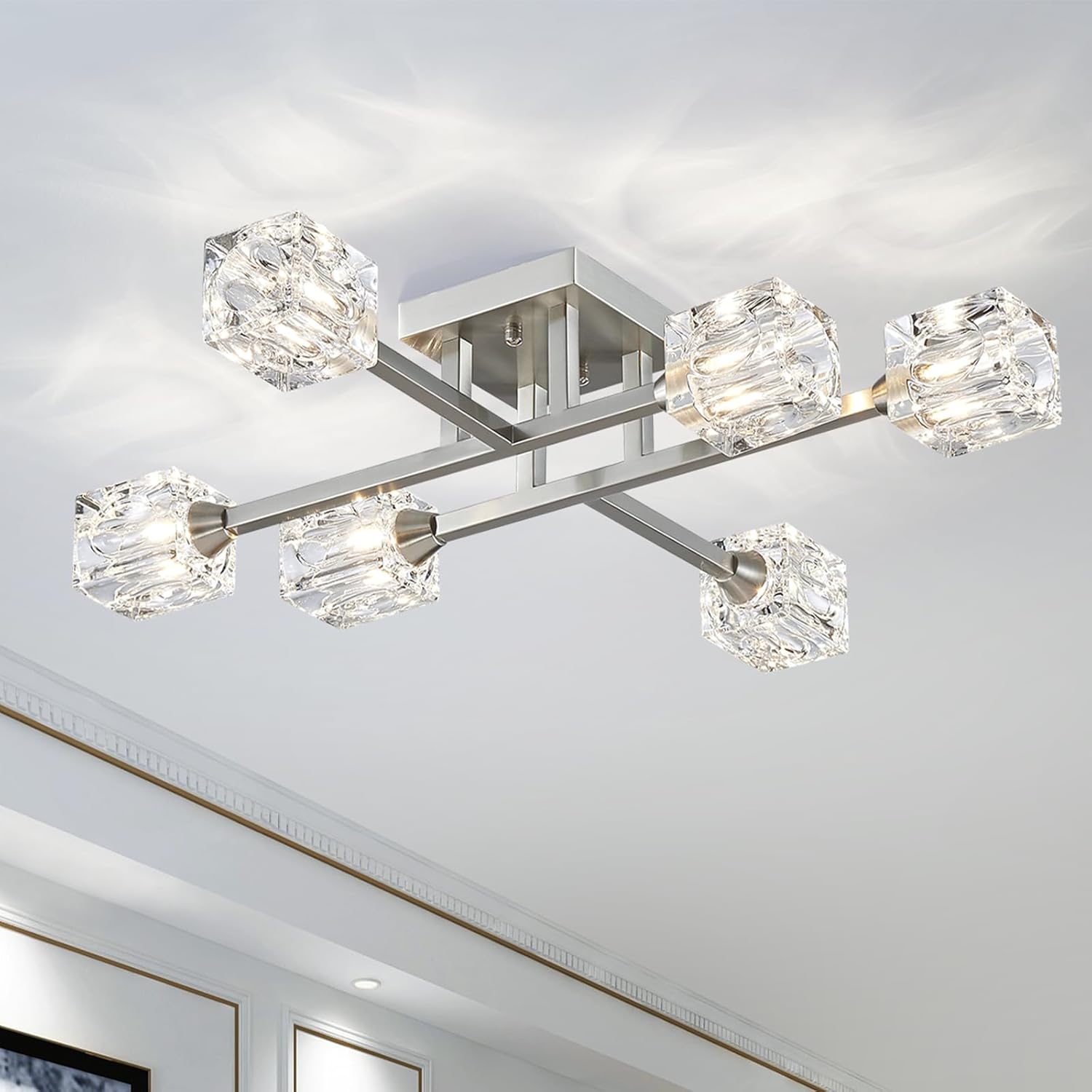 XINGQI Brushed Nickel Ceiling Light Fixture 6-Light Modern Sputnik Chandelier Semi Flush Mount Ceiling Lights for Bedroom Dining Room Living Room Entryway