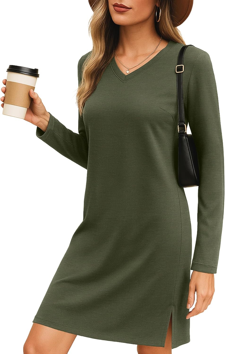 levaca Dresses for Women 2026 Spring Fall Fashion Casual Long Sleeve V Neck Tshirt Dress Side Split Outfits with Pockets