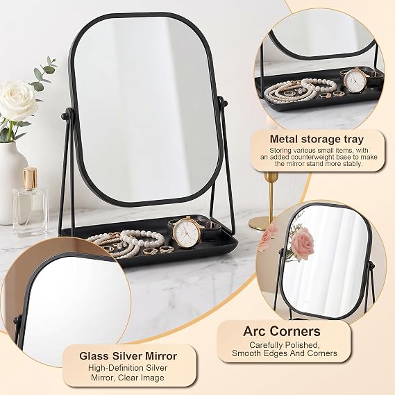 Makeup Mirror with Stand - 360° Rotating Vanity Mirror Black Framed Metal Bathroom Mirrors with Storage Tabletop Cosmetic Mirror for Living Room, Bedroom, Tabletop