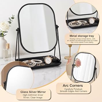 Makeup Mirror with Stand - 360° Rotating Vanity Mirror Black Framed Metal Bathroom Mirrors with Storage Tabletop Cosmetic Mirror for Living Room, Bedroom, Tabletop
