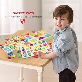 Wooden Puzzles for Toddlers, Voamuw Alphabet Number Shape Learning Puzzle for Kids Ages 3 4 5, Montessori Toys Preschool Education Chunky Jigsaw for Boys and Girls