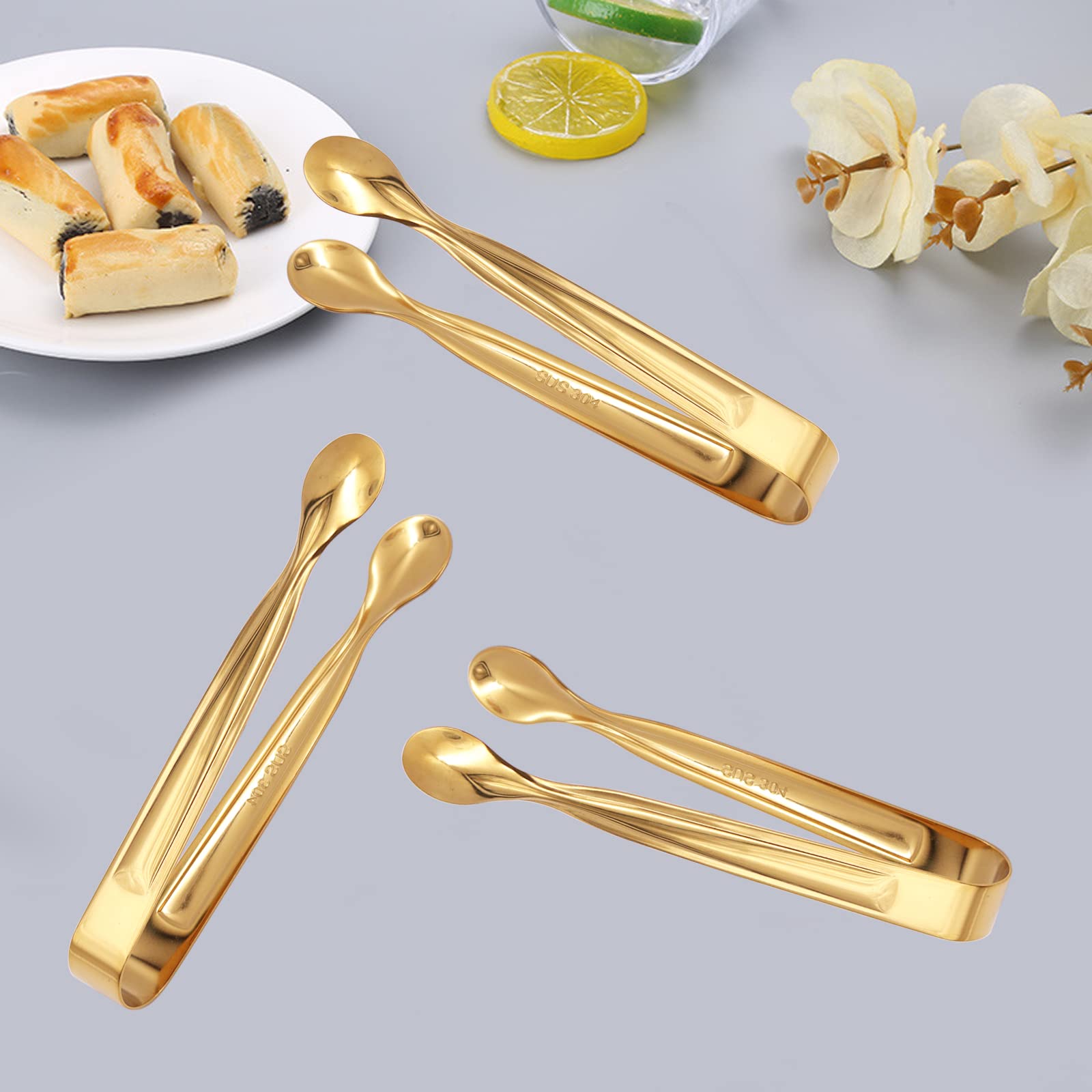 Pinzas de candy bar,8pcs Pieza Alicates para Hielo,Acero Inoxidable Mini Pinzas Clip,pinzas de hielo para azúcar,para Alimentos como Cubitos de Hielo, Azúcar, Rodajas de Limón, Galletas, Ensaladas-Oro