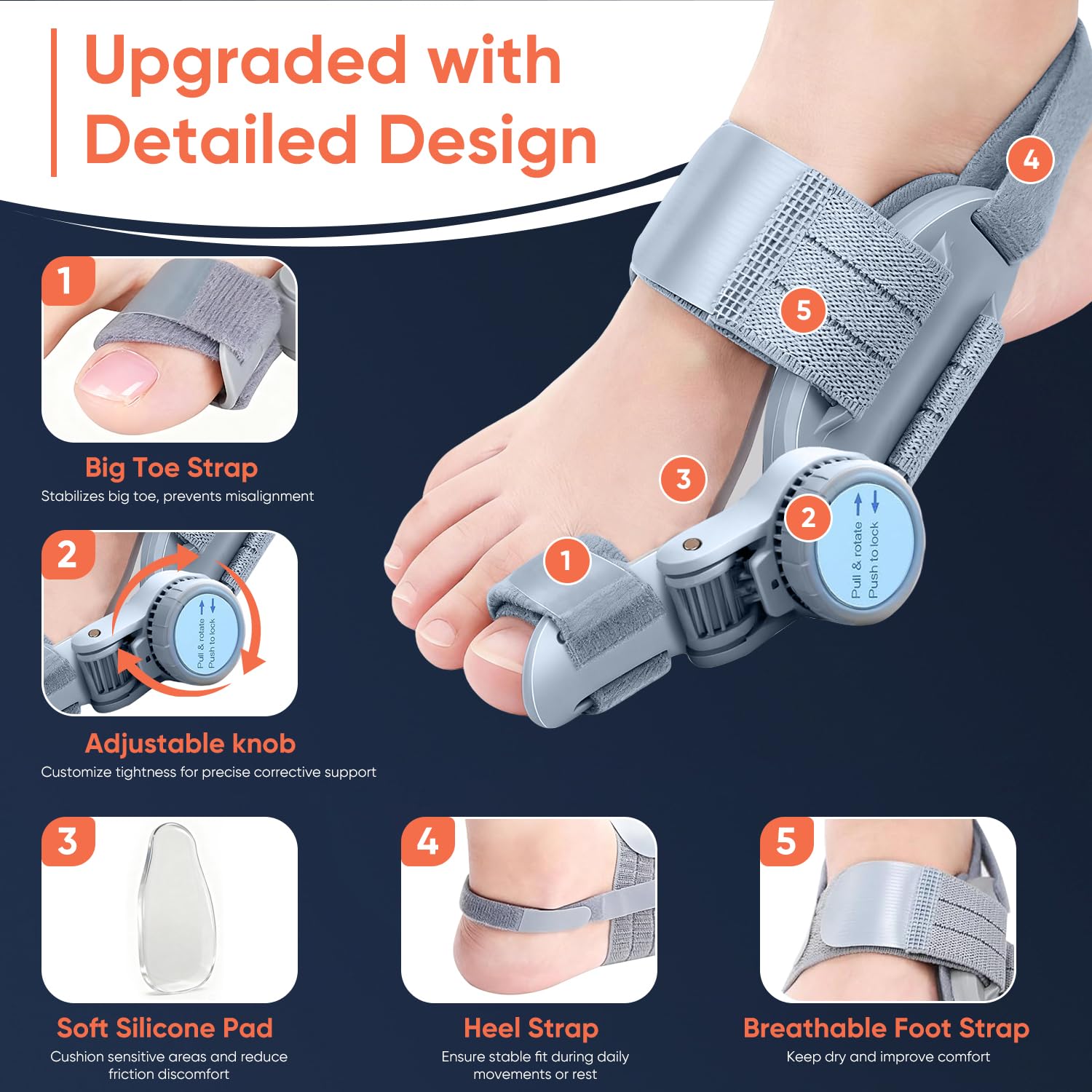 Ballenzeh-Korrektor für Damen und Herren, verstellbarer Knauf, Dual-Action-Ballenzeh-Schiene mit Silikon-Pad, orthopädischer Zehenstrecker & Separator für Hallux Valgus, passend für linke/rechte