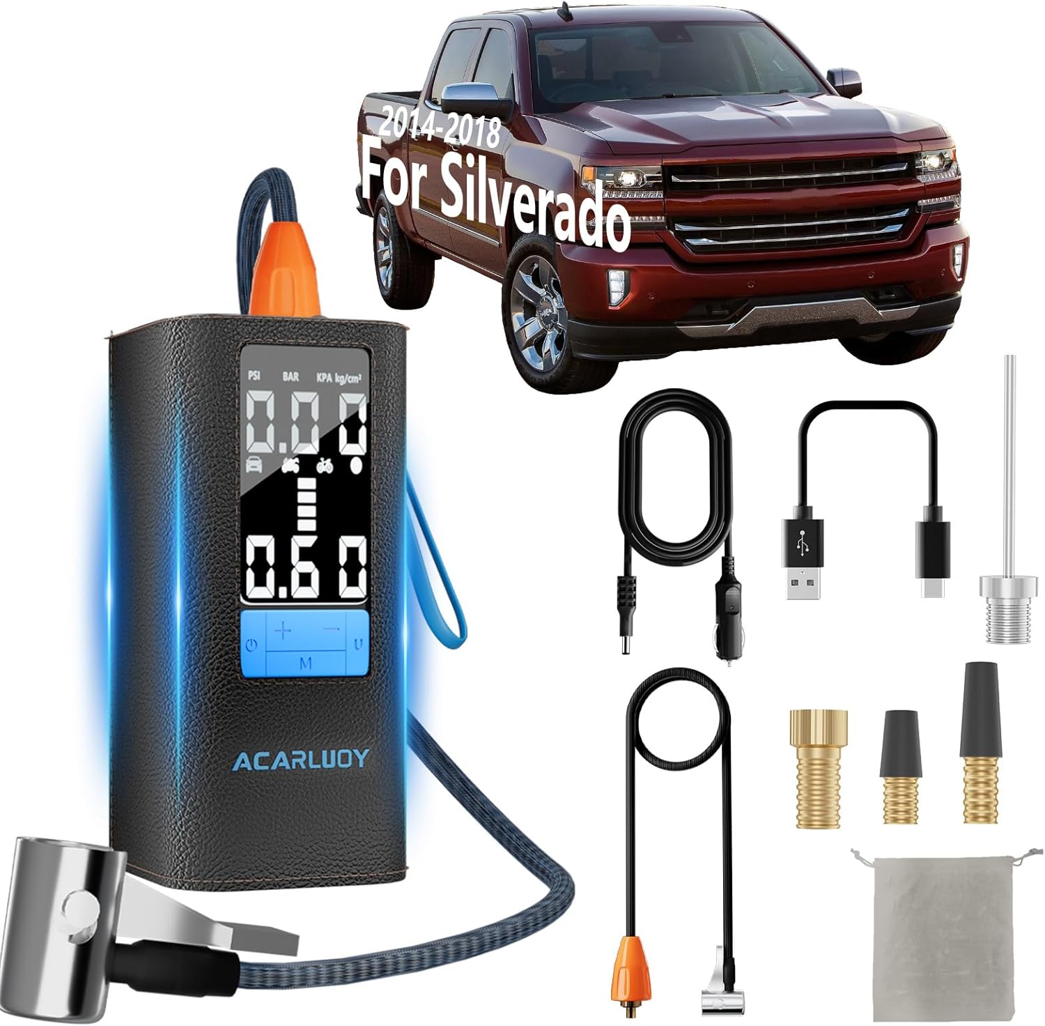 Tire Inflator Portable Air Compressor, Fit for Silverado 2014-2018, 3X Faster Inflation 6000mAh Cordless Air Pump with Auto-Shutoff & LCD Display