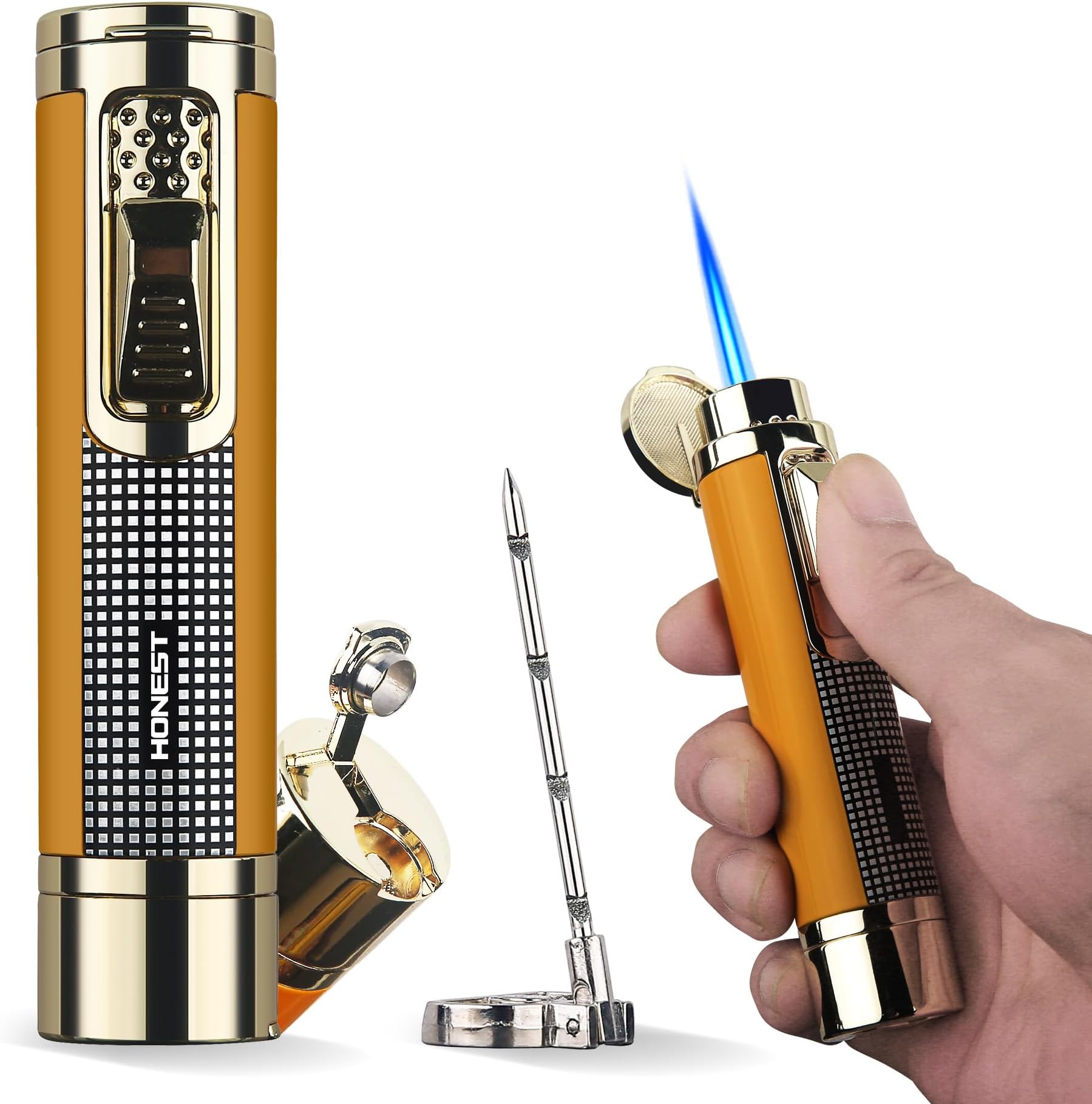 HONEST All-in-one Cigar Torch Lighter Single Power Jet Flame Cigar Holders Cigar Draw Enhancer Cigar Punch Cigar Accessories for Men's Gifts Cool Lighters for Smoking Candles (Gold Yellow)