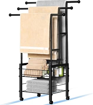 Kayfia 42.7 Metal Standing Towel Rack with Wheels & Basket, 3 Tier | Rollable Wheel Design, Upgraded Large Size, Holds Oversized Bath Towels, Perfect Storage For Bathroom & Pool Accessories