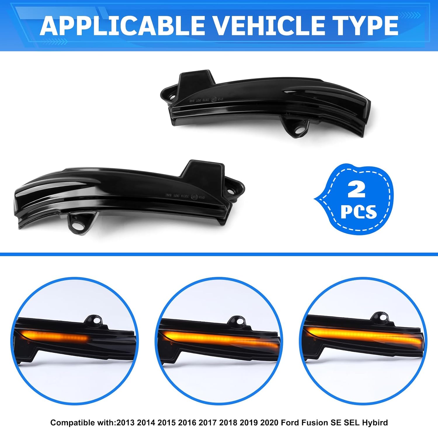 [2pcs] Side Mirror Sequential Turn Signal Lights for Ford Fusion (Mondeo) 2013 2014 2015 2016 2017 2018 2019 2020 versione USA Assemely-Smoked Lens