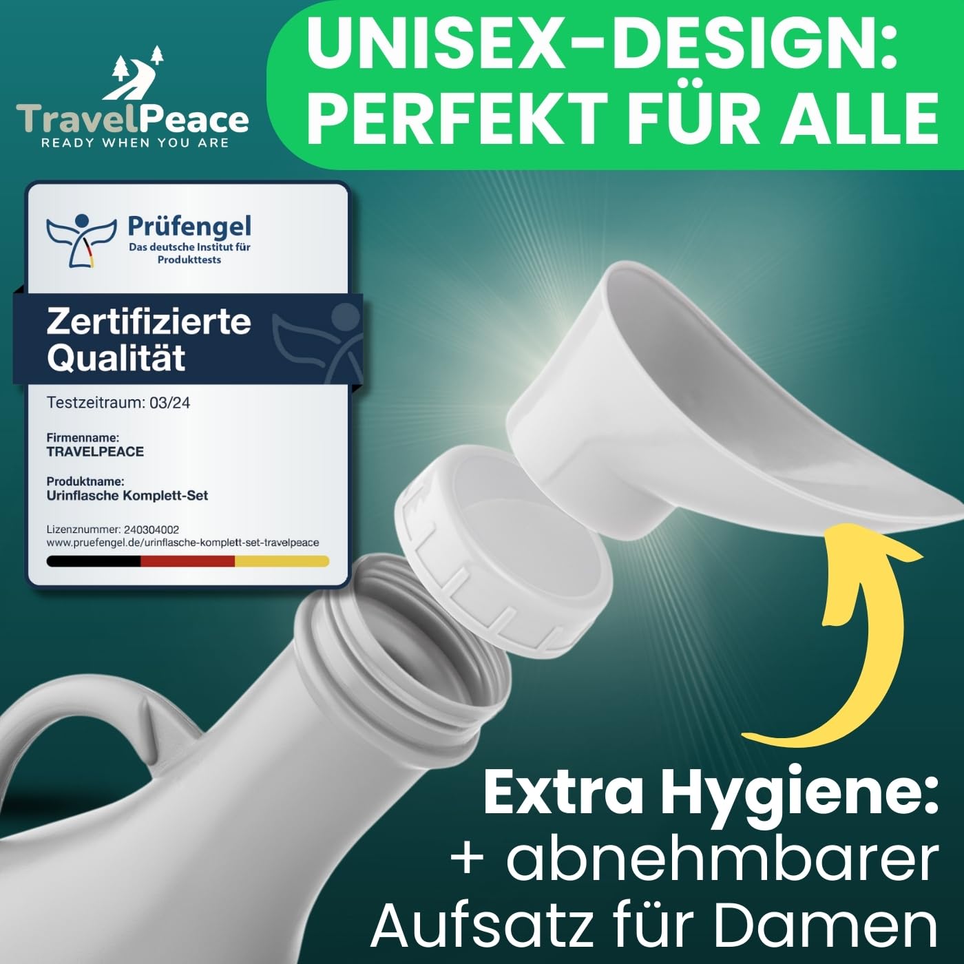Urinflasche - 3in1 Komplett Set - mit Komfort Hygienebürste - inkl. Blickschutz-Beutel - Urinal Frauen und Männer