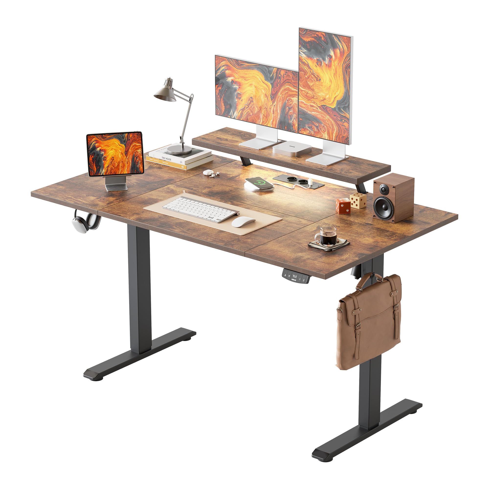 Agilestic Electric Standing Desk with Movable Monitor Stand, Height Adjustable Desk with 2 Memory Buttons, 140 x 80 cm with LED Strip Light and USB-C Port, for Home Office, Rustic Brown