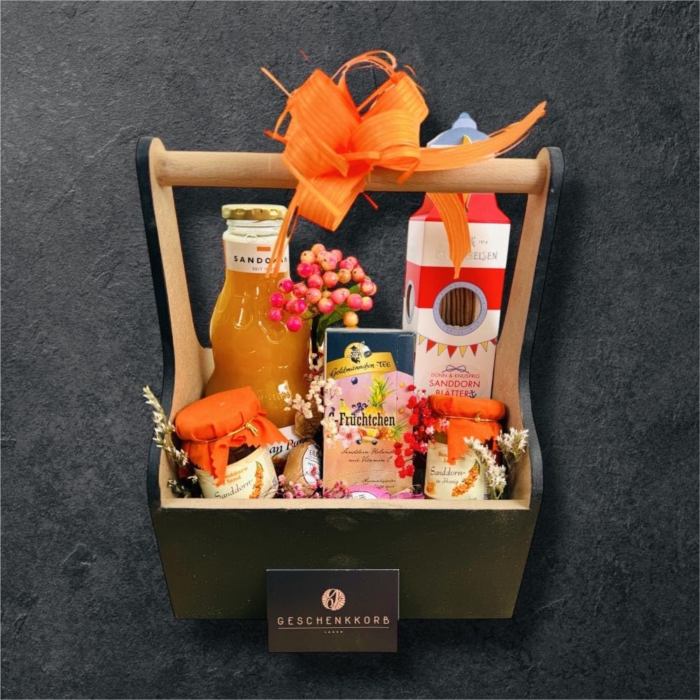 Sanddornkiste | Geschenkkorb mit hochwertigen Delikatessen für Genesungswünsche | Präsentkorb zur Aufmunterung | Ideal als Geschenk für Gesundheit und Wohlbefinden.
