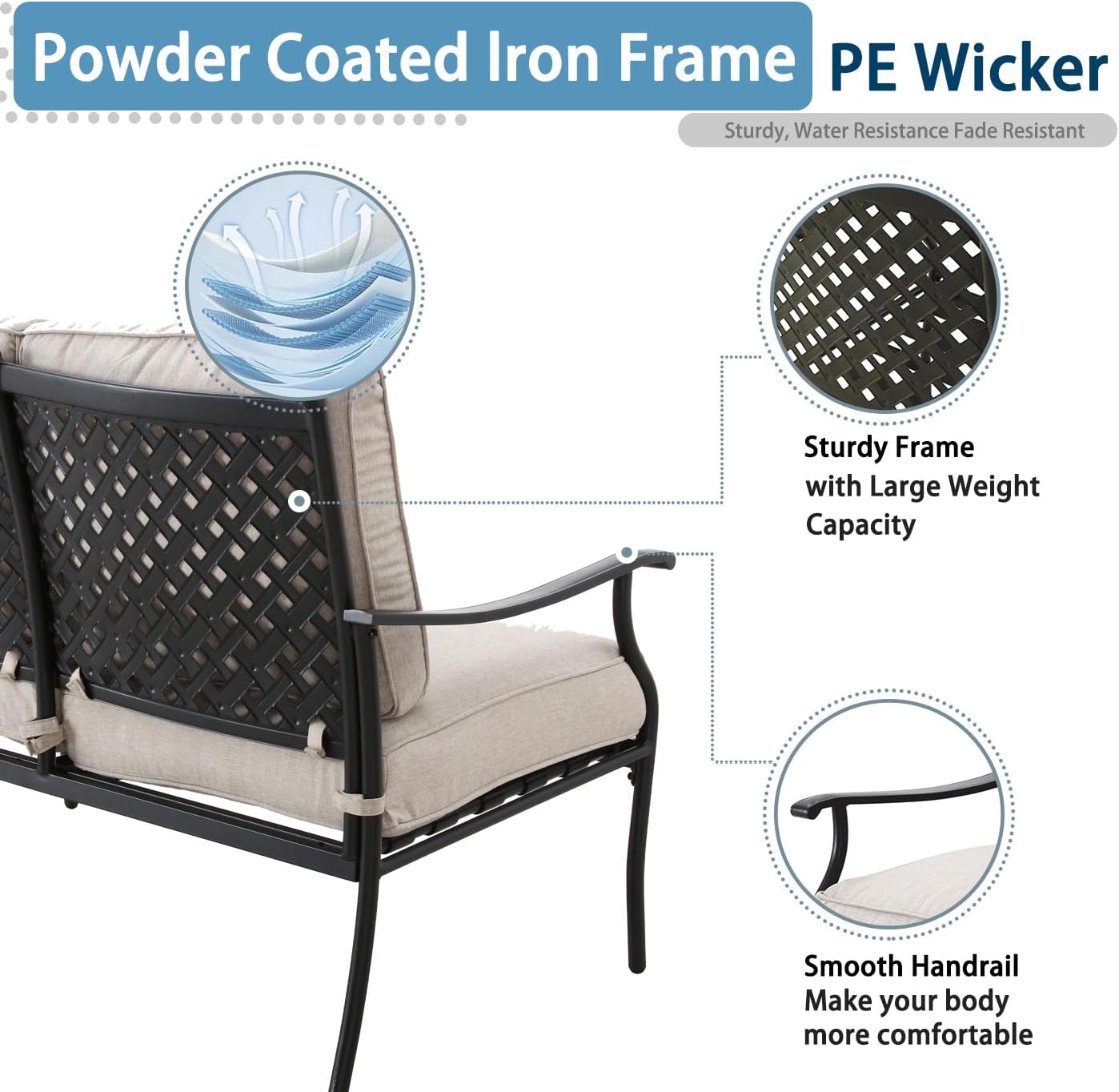 Patio Loveseat with Coffee Table Outdoor Conversation Loveseat Porch Furniture Set Sofa for Balcony, Backyard, and Deck with Soft Cushions and Metal Table (White)