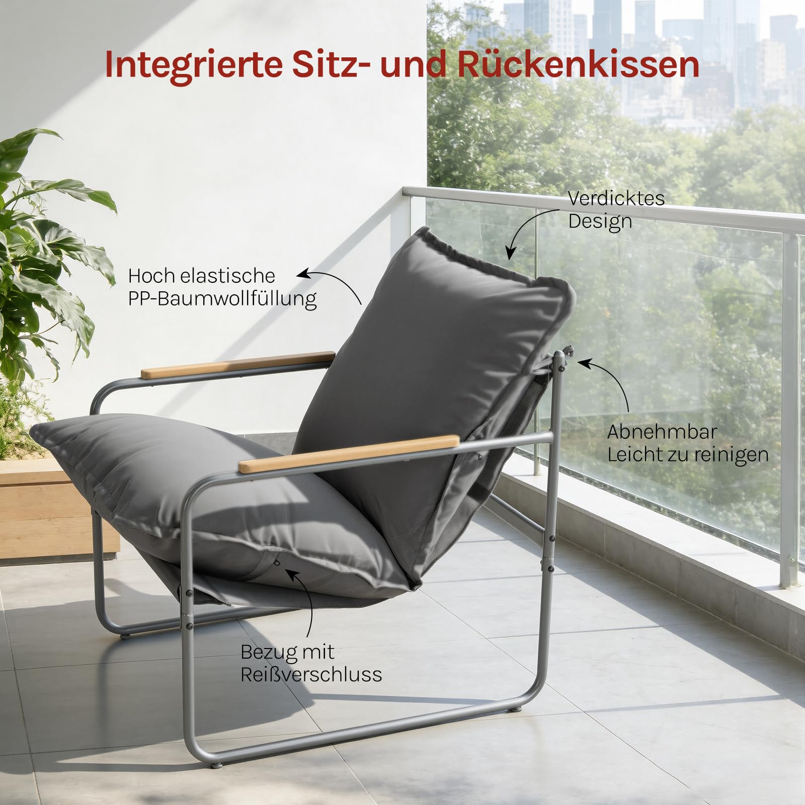 WOLTU Gartenmöbel Set 3-teilig 2 Sessel 1 Couchtisch und Kissen Balkonmöbel Metallrahmen 160kg Belastbarkeit Garten Balkon Möbel Klein Gartentisch mit 2 Stühlen, Grau