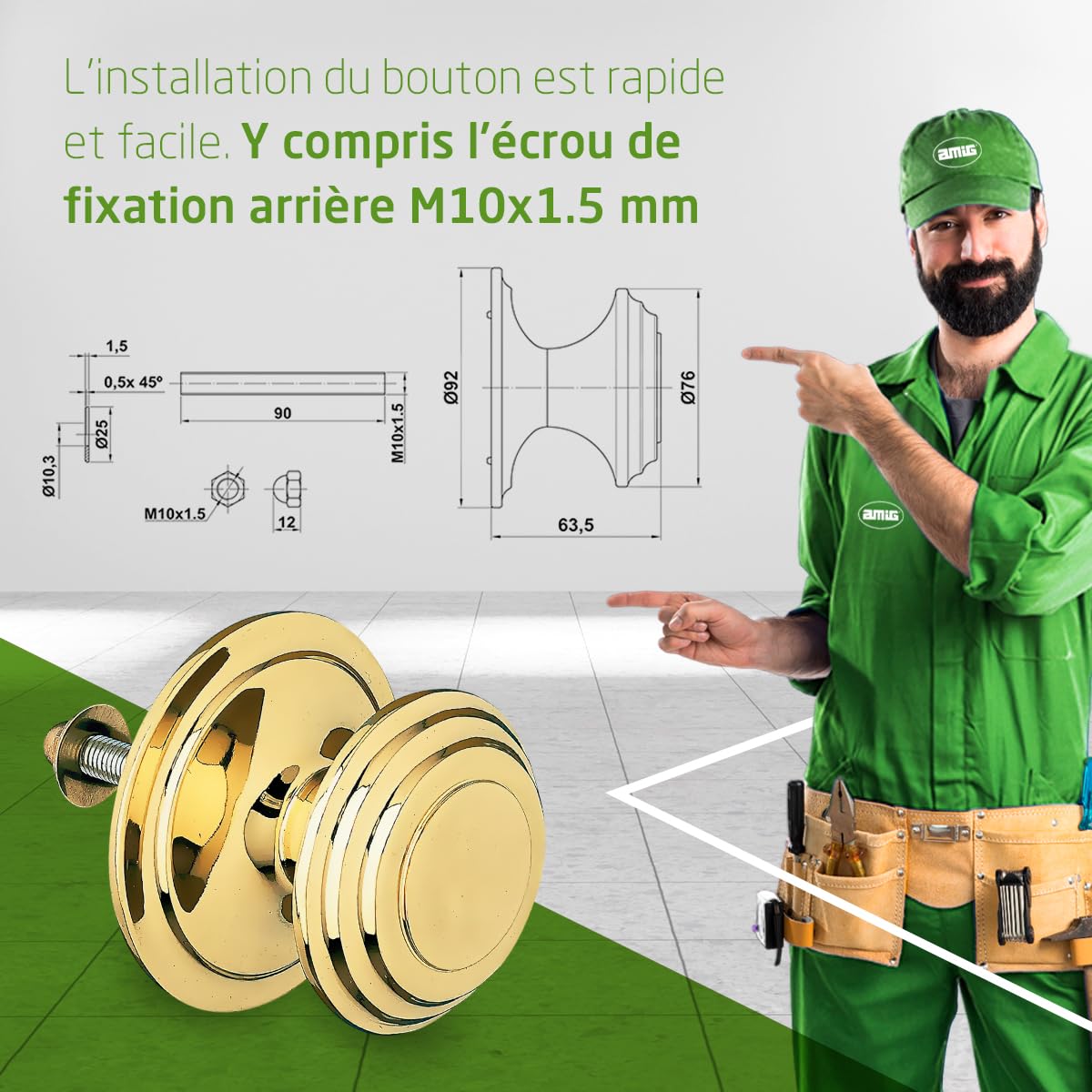 Amig - Bouton de porte | Fabriqué en laiton | Poignée : Ø76 mm | Or | Solide | Résistant au frottement, à la rouille et à la corrosion