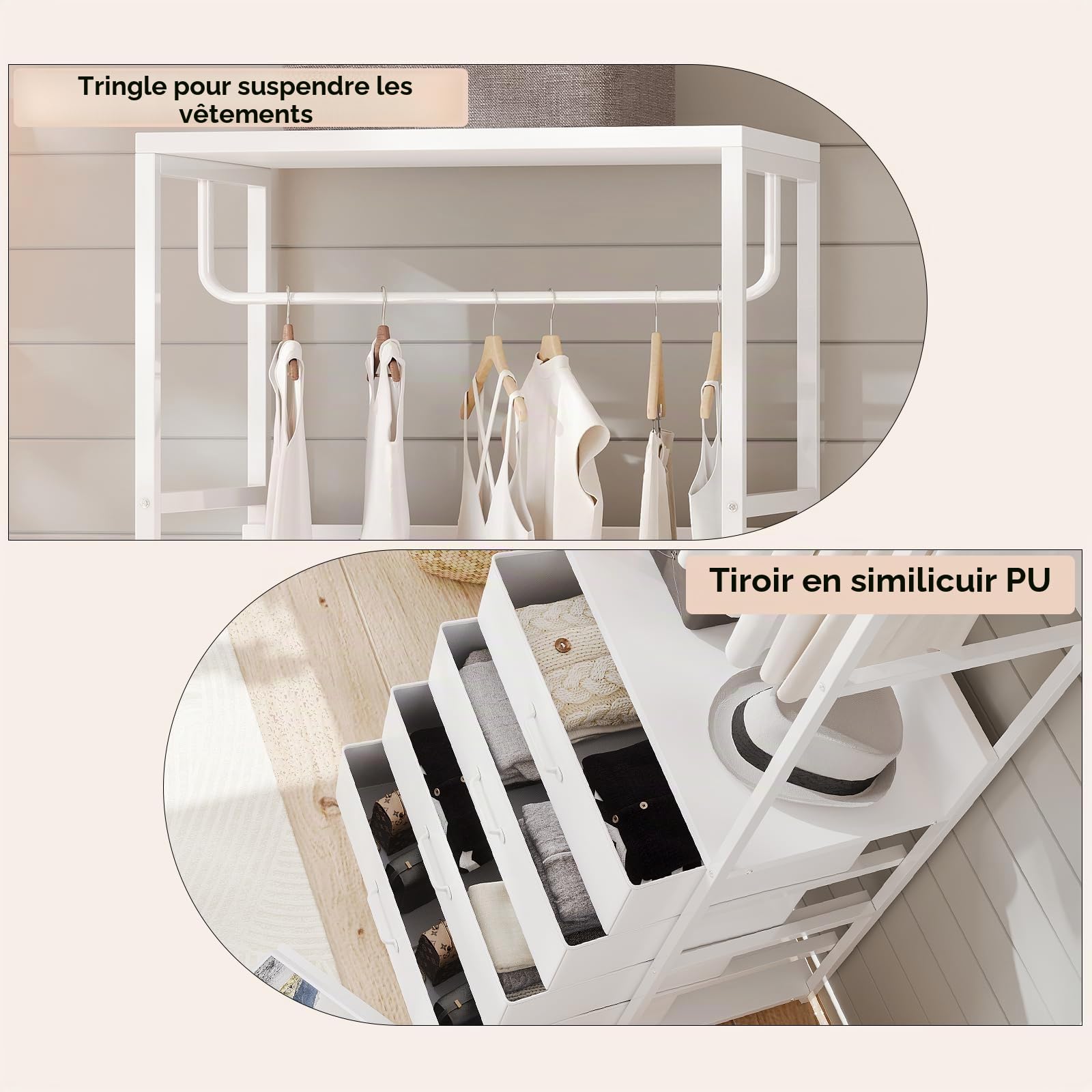 VOWNER Porte Manteau Meuble Entrée Vestiaire 4-en-1 Portant Vetement Blanc | Cadre en acier avec tiroirs, tringle et étagère, 60 x 40 x 180 cm pour couloir, chambre