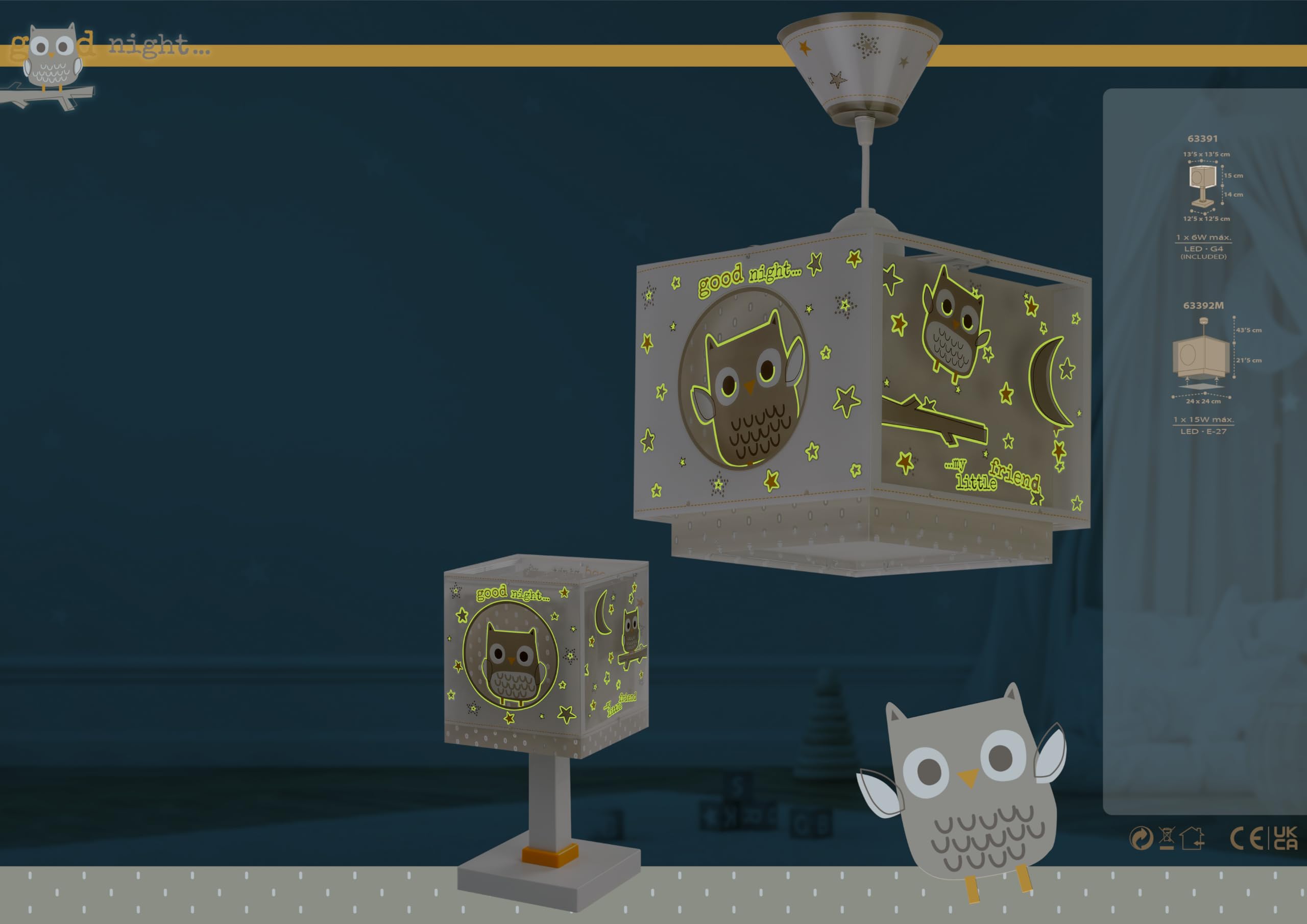 Dalber Lámpara Techo Colgante Infantil Good Night Búho 63392M E27 | Incluye difusor de luz inferior extraible; Habitación niños; lámparas infantiles; animales