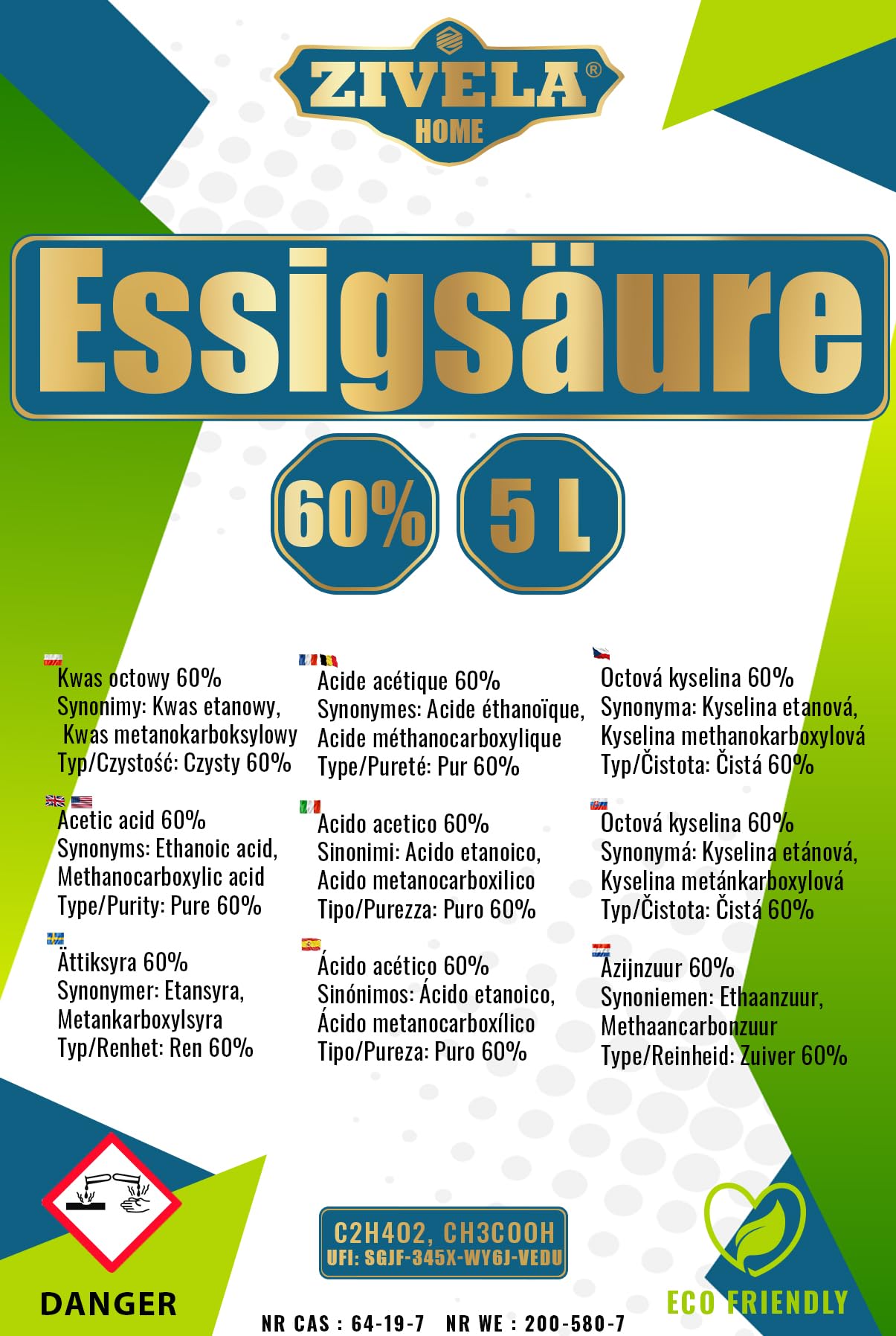 Acido acetico da 20 l, 60% di alta qualità, essenza di aceto, 4 x 5 l, 60%, qualità alimentare, 20 kg, aceto di alta purezza per applicazioni versatili, perfetto per uso domestico, industriale,