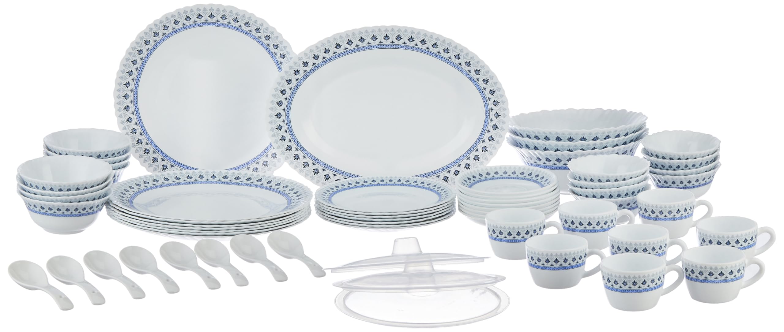 Larah by Borosil Ocean Fluted Series Opalware Dinner Set | 63 Pieces for Family of 8 | Microwave & Dishwasher Safe | Bone-Ash Free | Crockery Set for Dining & Gifting | Plates & Bowls | White (B0C7MKBTVD) Amazon Price History, Amazon Price Tracker