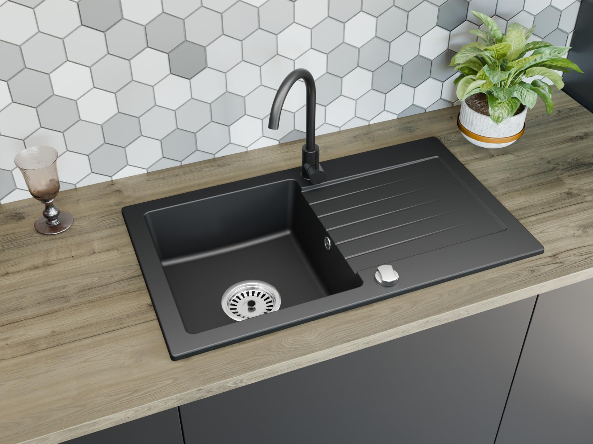 Faizee Granitspüle 75 x 44 cm Nachtschwarz – inklusive Armatur Genial in Schwarz – eckige Einbauspüle aus Granit – beidseitig montierbar, kratzfest, hitzebeständig – modernes Spülbecken
