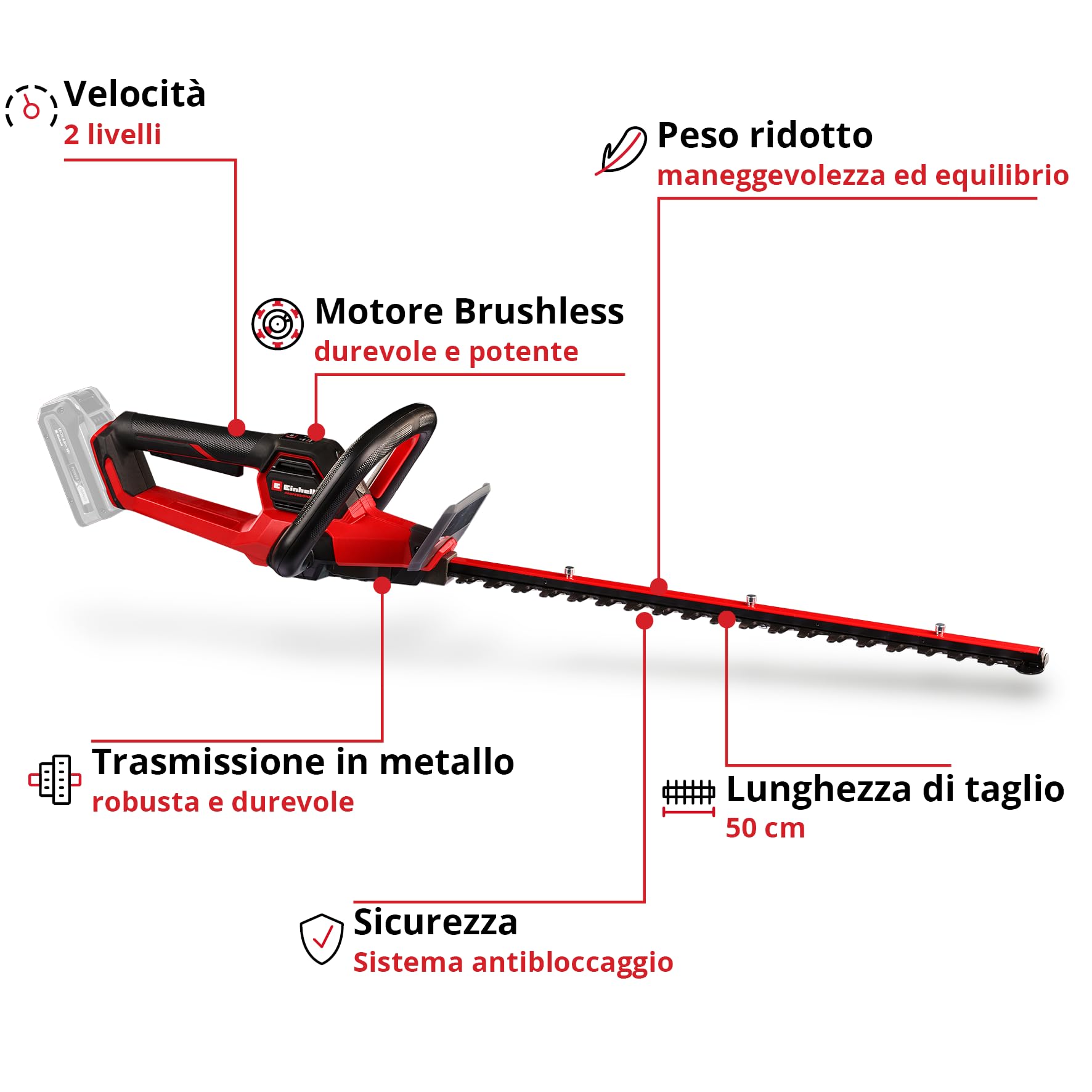Tagliasiepi a batteria GP-CH 18/50 Li BL-Solo Power X-Change di Einhell Professional (18 V, lunghezza di taglio 50 cm, distanza tra i denti 20 mm, Brushless, sistema antibloccaggio, senza batteria)
