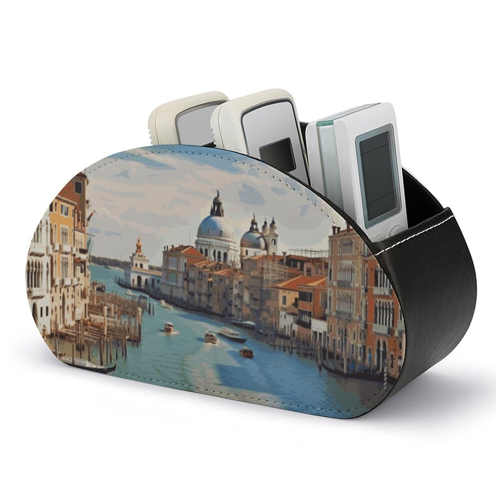 JTREHY Grand Canal in Italy 5 Compartments PU Leather Remote Control Stand for Multifunctional Computer Cart