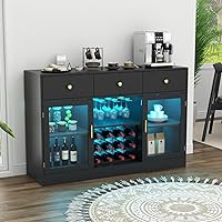 Vista 8 de Auromie Armario de bar de vinos con luz LED, gabinete de café para el hogar con estante para vino y vidrio, aparador de cocina con gabinete y Negro