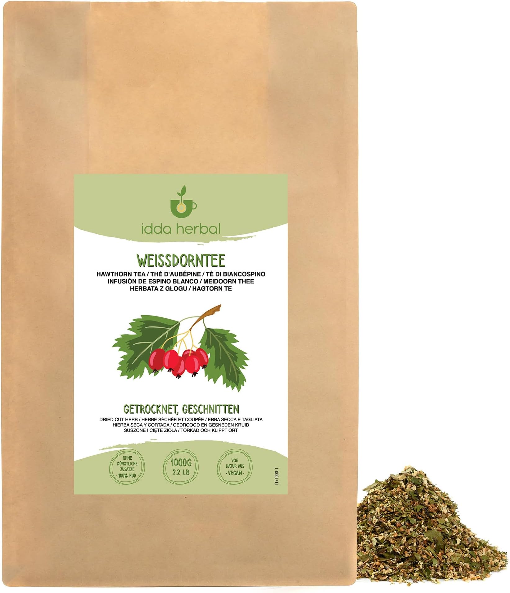 IDDA Herbal Hawthorn Tea 1kg 2.2 lb, Dried and Cut Hawthorn Herb, Herbal Loose Tea