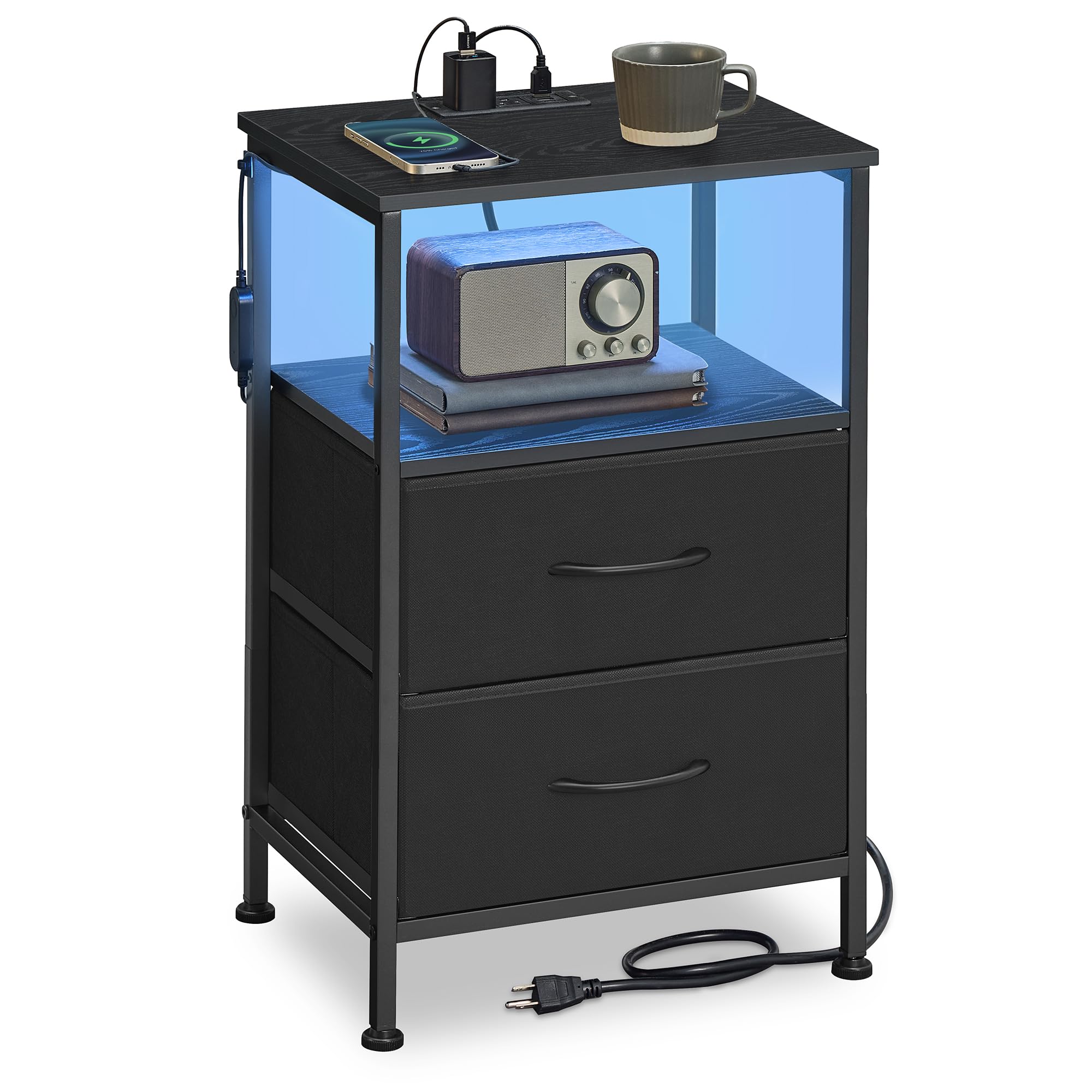 SONGMICS Nightstand with Charging Station, 2 Fabric Drawers