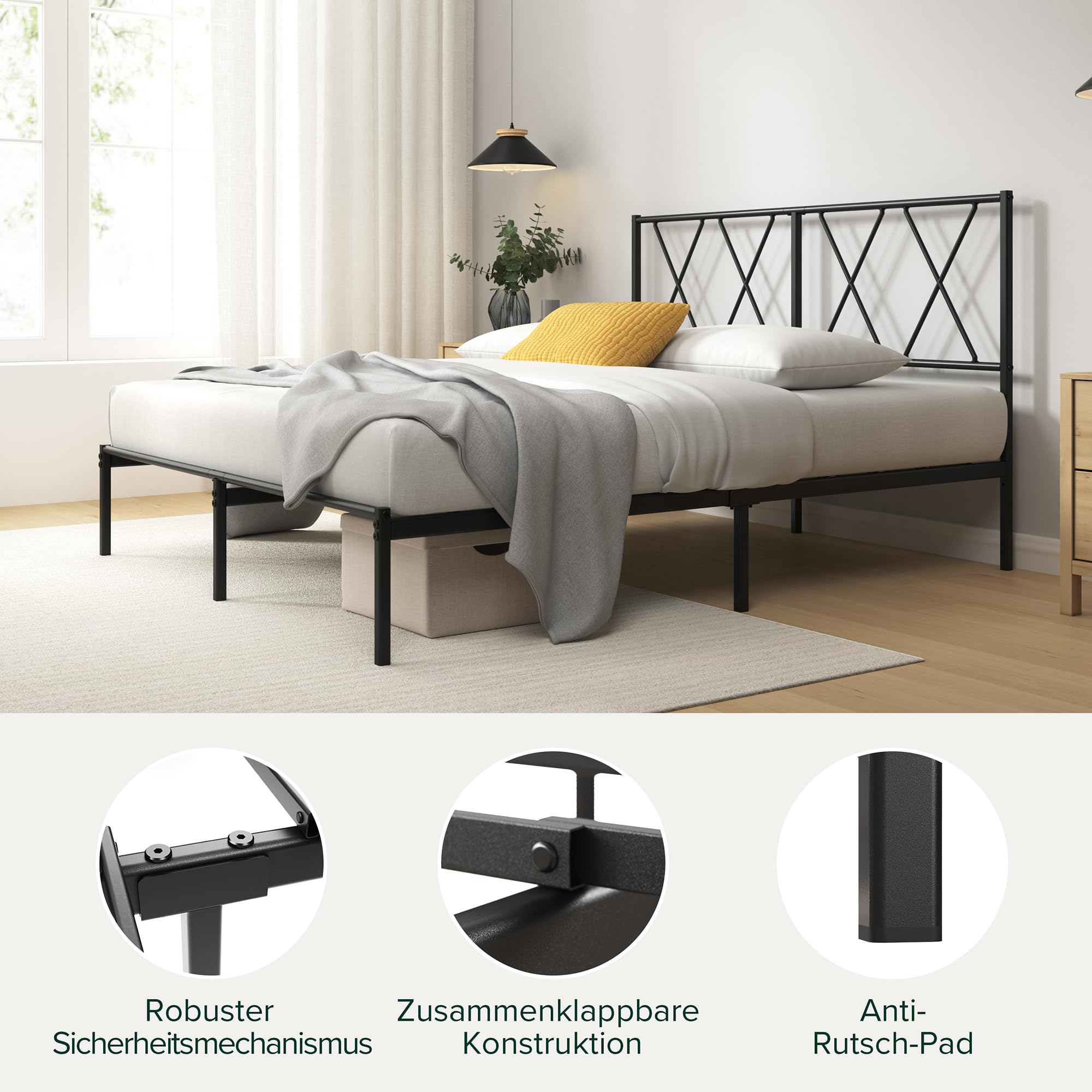 Zinus Elias Bettgestell 140x200 cm mit Moderne Kopfteil - Metallbett 140x200 mit Metall-Lattenrost - 30 cm Hohe Plattform mit Freiraum Darunter - Kein Boxspringbett Erforderlich - Schwarz