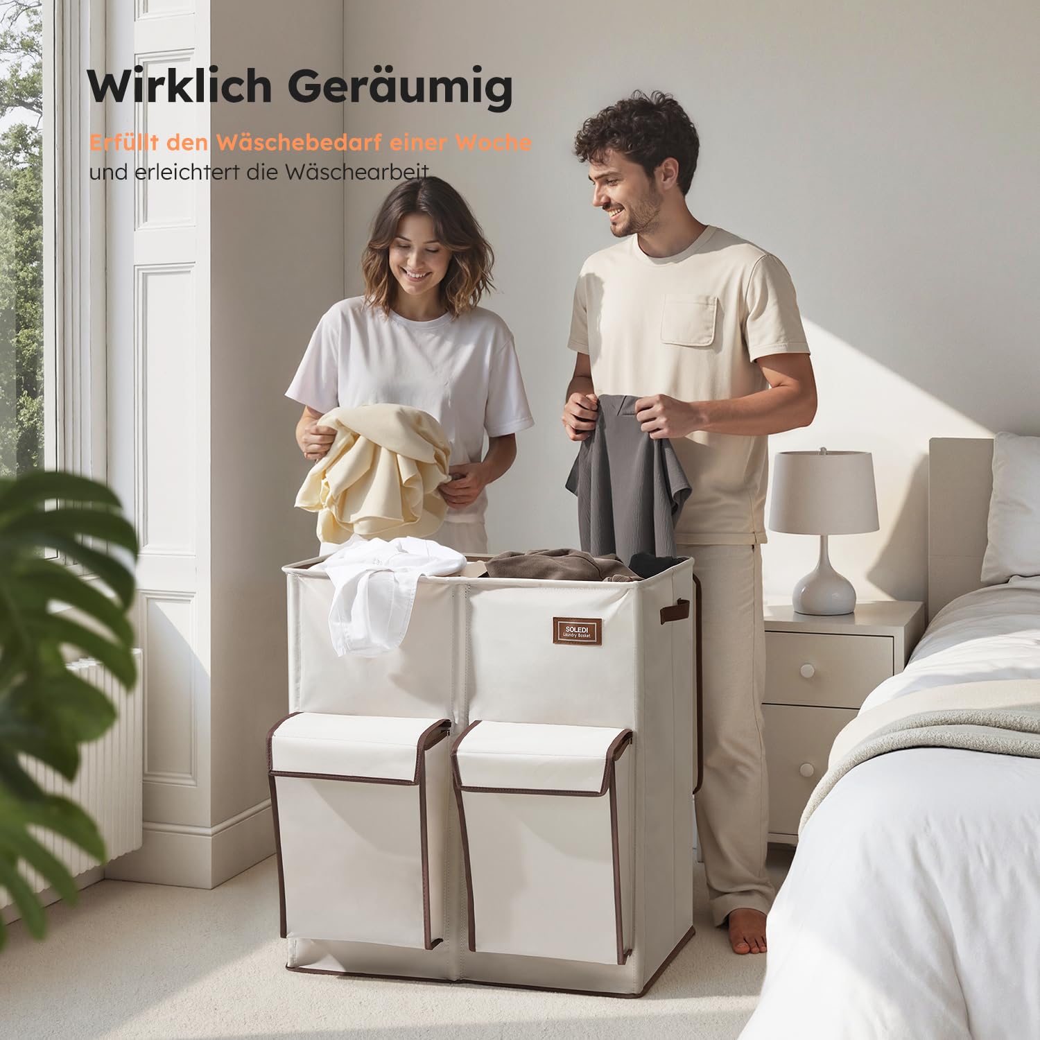 SOLEDI 180L Wäschekorb mit Deckel, Wäschesammler 2 Fächer mit 2 Seitentaschen, Laundr Baskets mit 2 Wäschesack, Wäschesortierer Groß XXXL für Badezimmer, Schlafzimmer, Waschküche