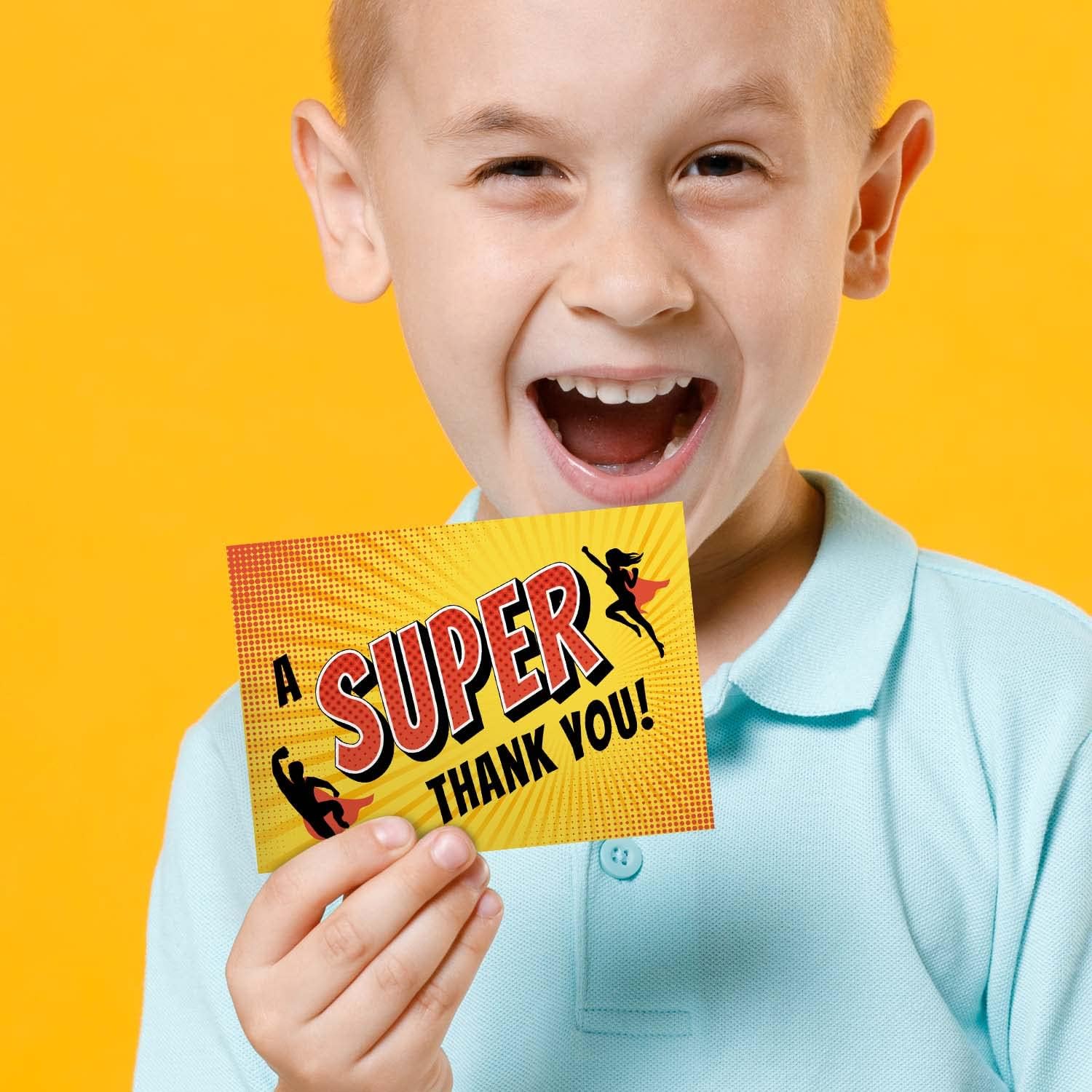 Canopy Street Superhero Thank You Cards / 24 Greeting Cards With White Envelopes / 3 1/2" x 4 7/8" Folded Note Cards/Three Comic Book Hero Theme Designs