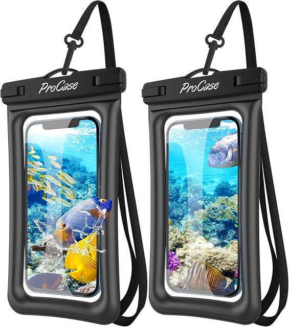 ProCase 2 Pack Floating Waterproof Phone Pouch, Up to 7.0 inch Underwater Dry Bag Case for Galaxy S22 Ultra S22+ S21 FE S20 A12 / iPhone 14 Plus Pro Max 13 12 11 Pro Max -Black